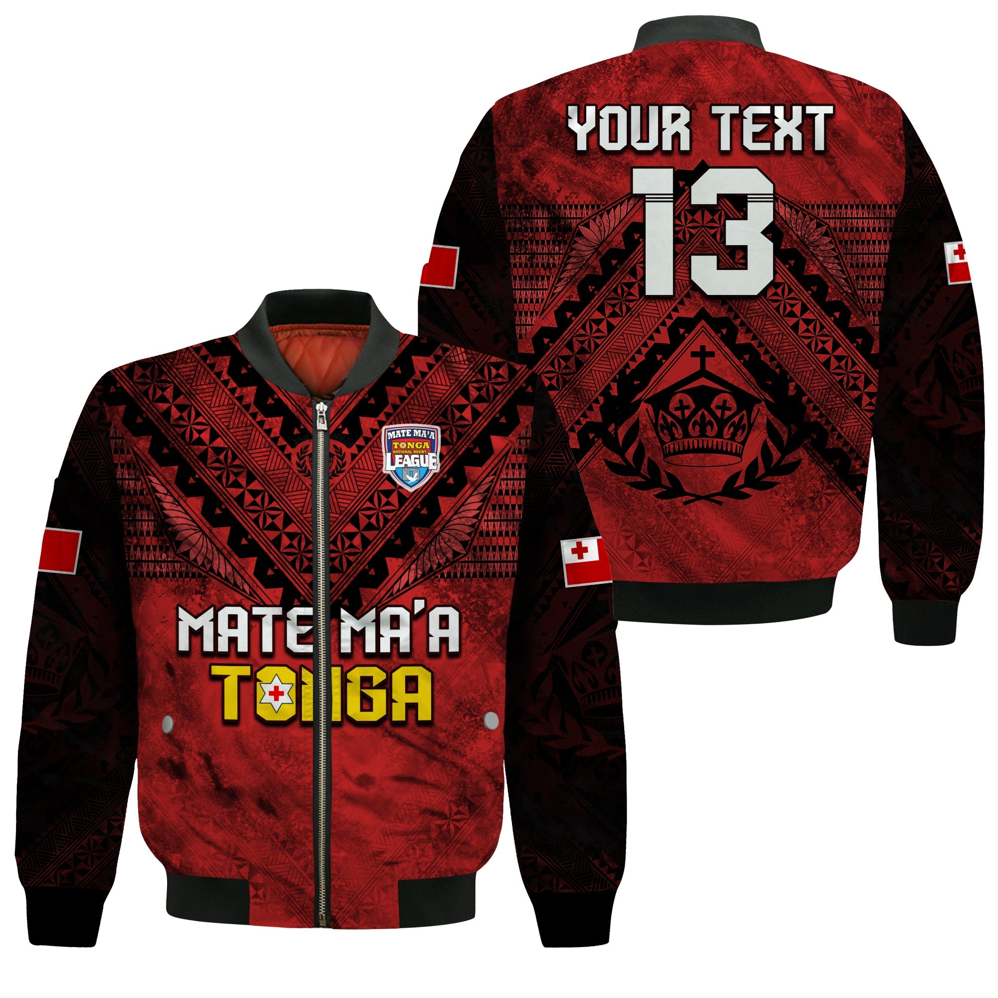 (Custom Text and Number) Tonga Rugby MMT Bomber Jacket Ngatu Mate Maa Tonga Grunge LT13 Unisex Red - Polynesian Pride
