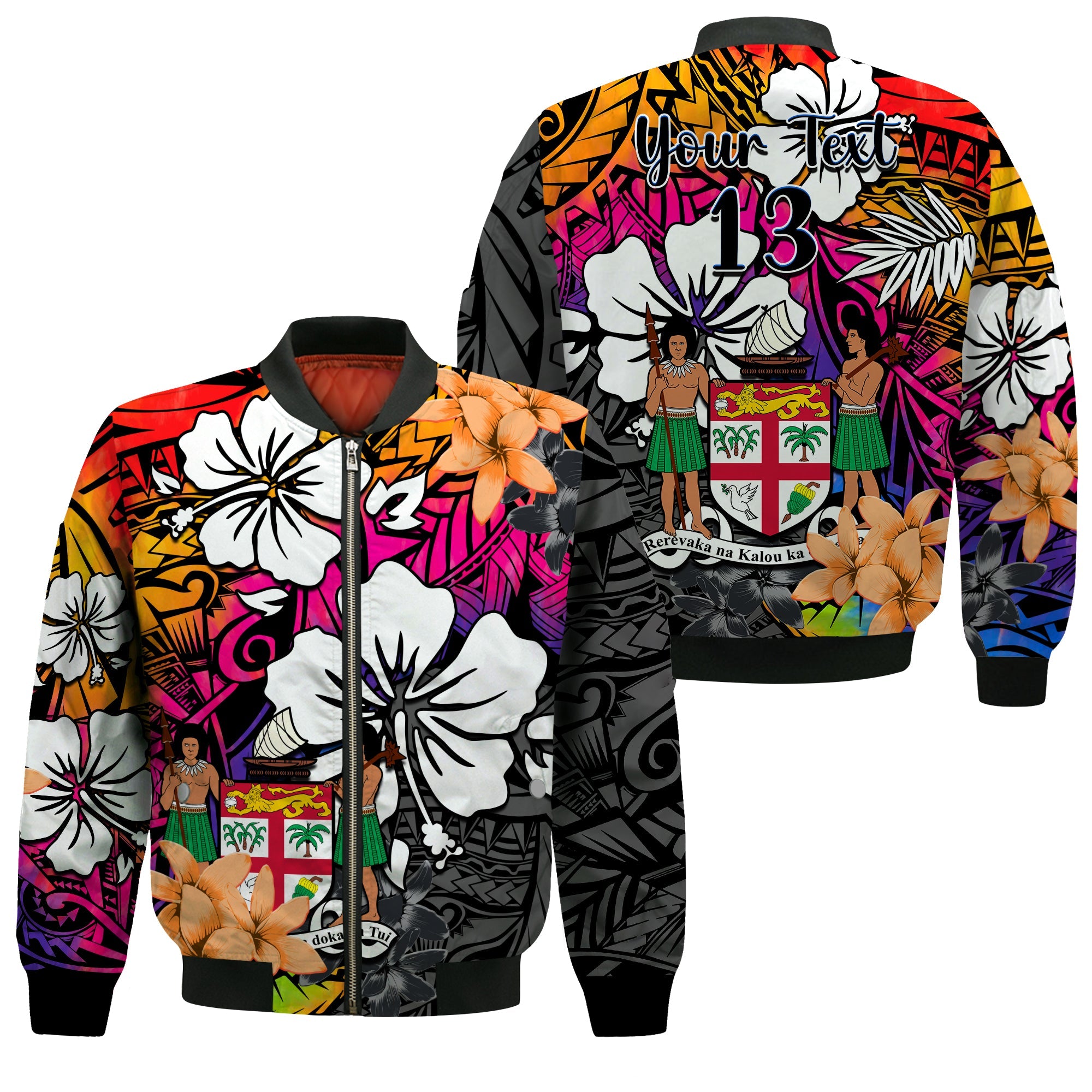 (Custom Text and Number) Fiji Tie Dye Bomber Jacket Polynesian Tribal Creative Tropical Flowers LT13 Unisex Red - Polynesian Pride