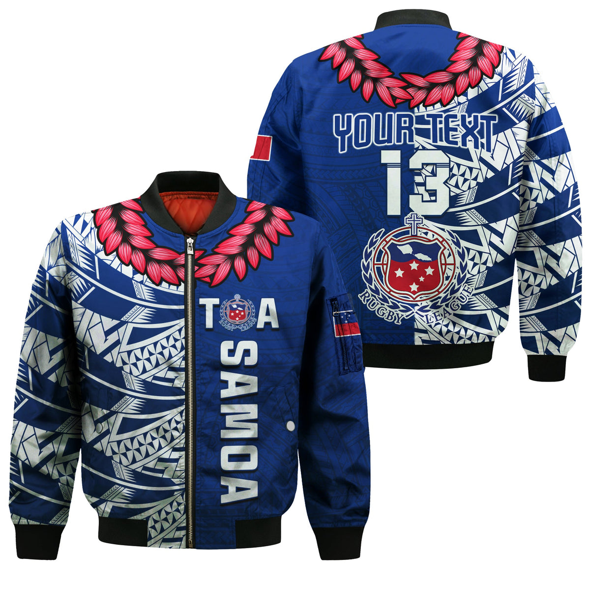 (Custom Text and Number) Toa Samoa Rugby Bomber Jacket Siamupini Ula Fala Blue LT13 Unisex Blue - Polynesian Pride