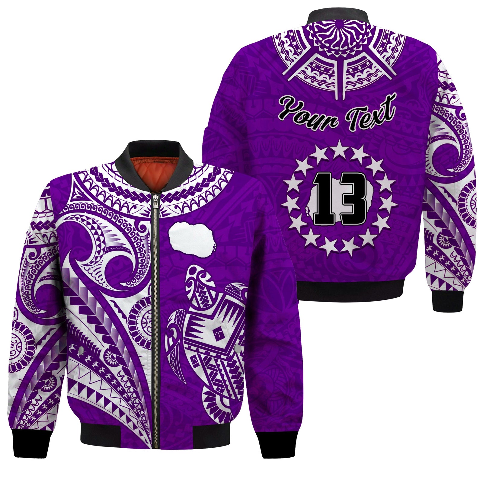 (Custom Text and Number) Rarotonga Cook Islands Bomber Jacket Turtle and Map Style Purple LT13 Unisex Purple - Polynesian Pride