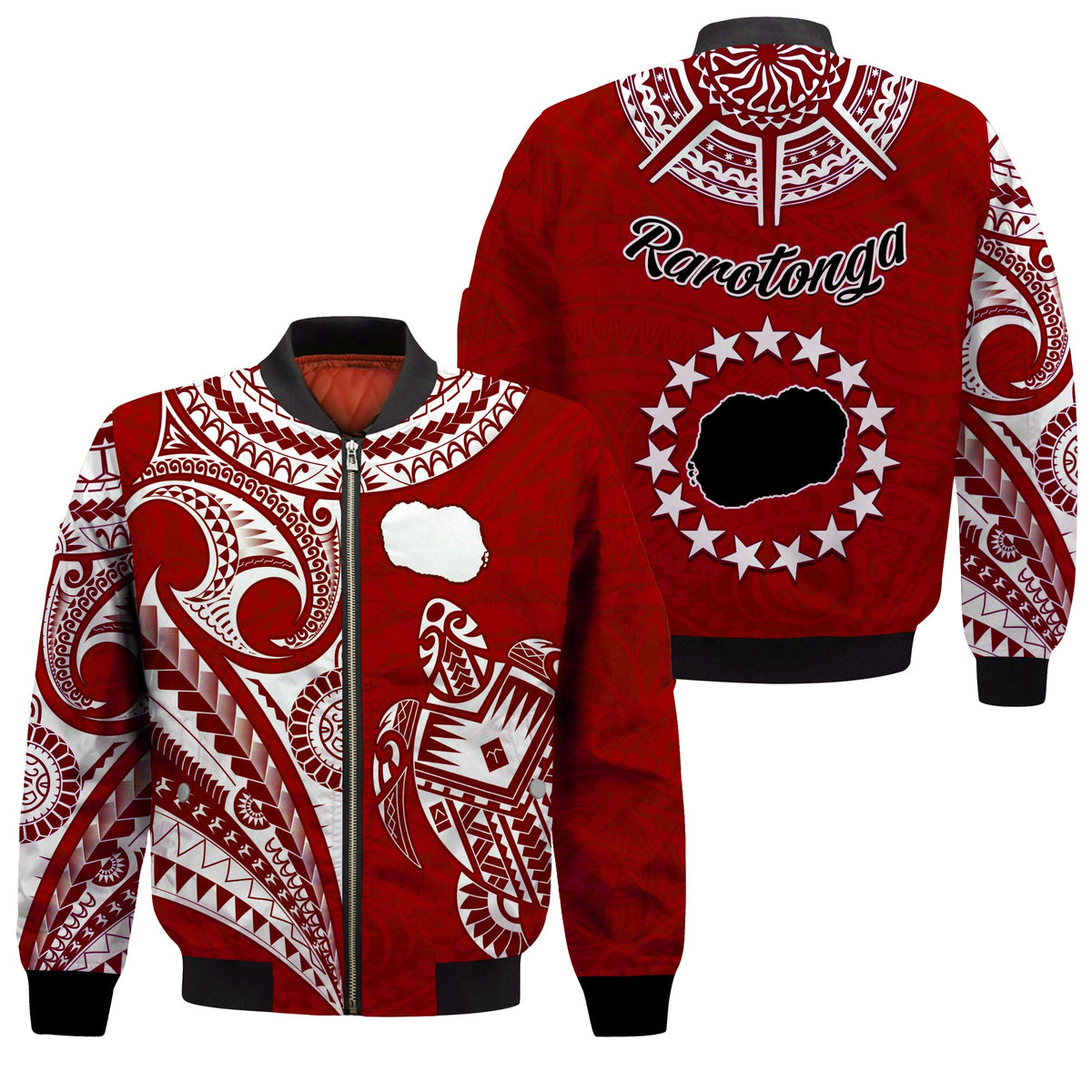Rarotonga Cook Islands Bomber Jacket Turtle and Map Style Red LT13 Unisex Red - Polynesian Pride