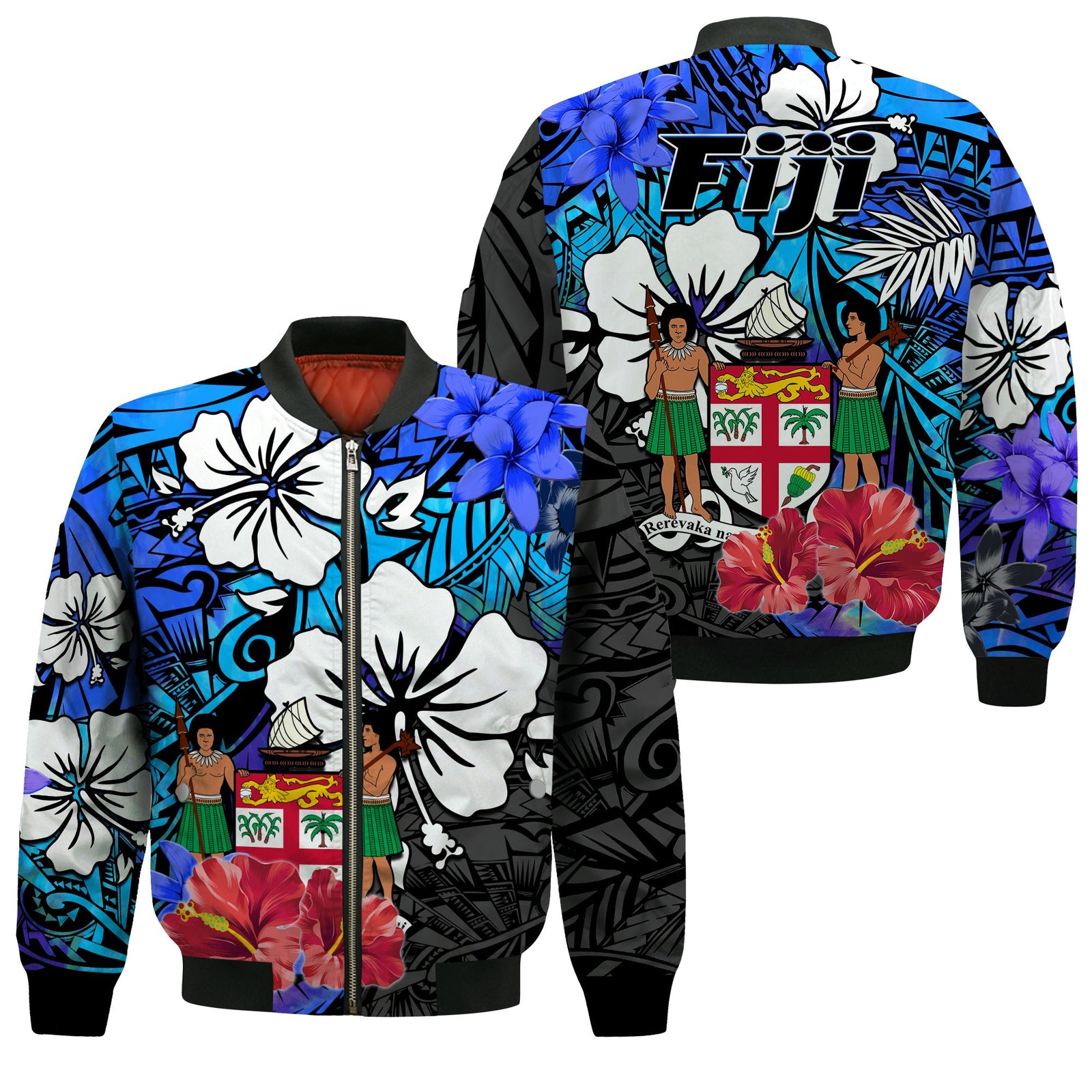 Fiji Tie Dye Bomber Jacket Polynesian Blue Tribal Creative Tropical Flowers LT13 Unisex Blue - Polynesian Pride