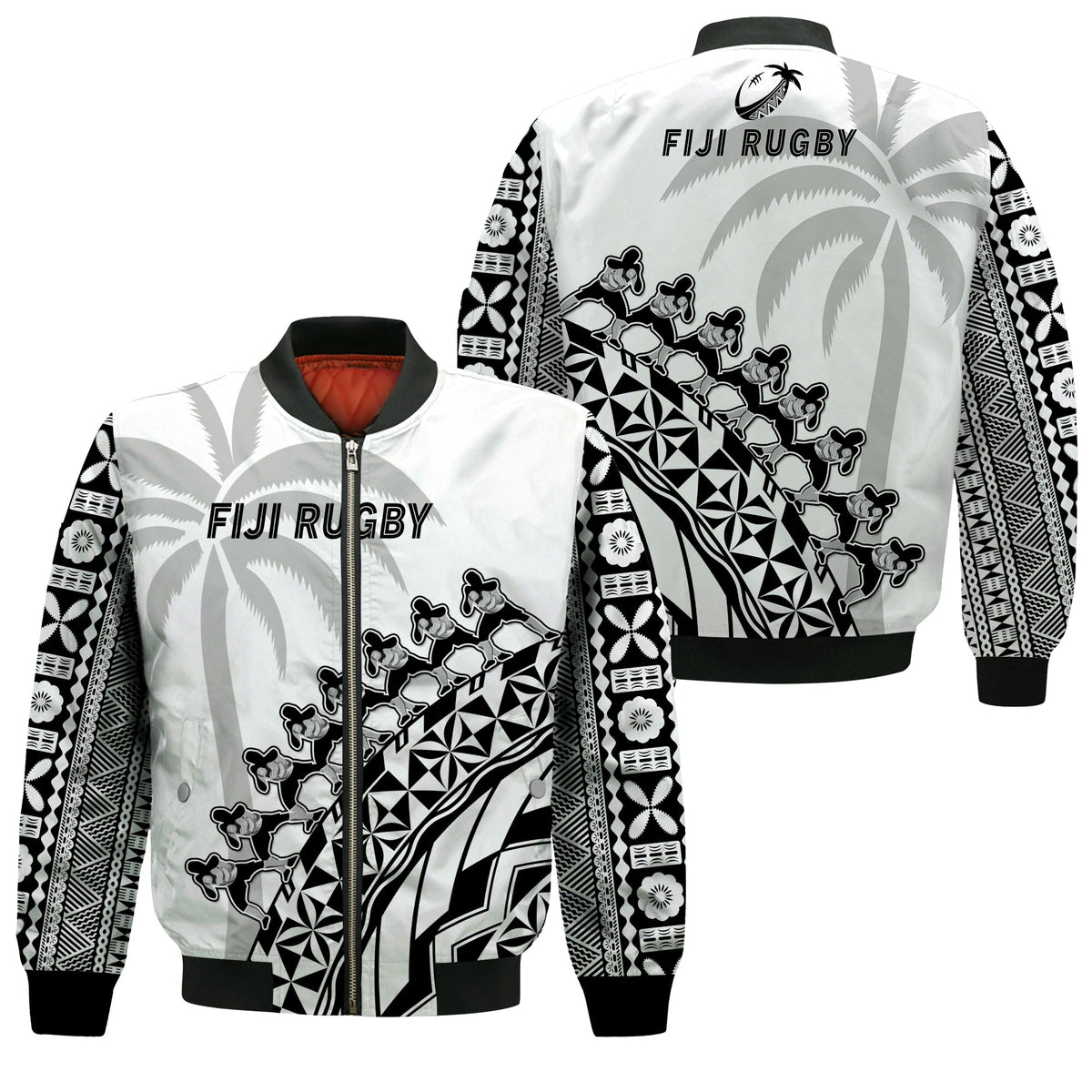 Fiji Rugby Bomber Jacket Fijian Cibi Dance Tapa Pattern White LT14 Unisex White - Polynesian Pride