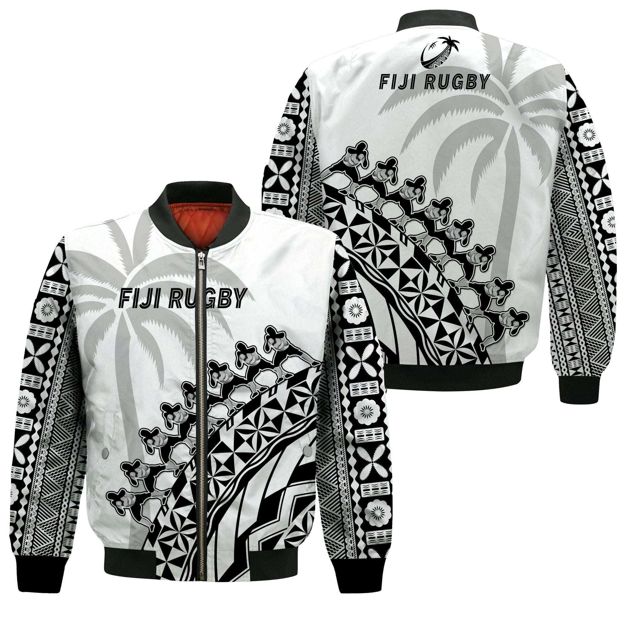 Fiji Rugby Bomber Jacket Fijian Cibi Dance Tapa Pattern White LT14 Unisex White - Polynesian Pride