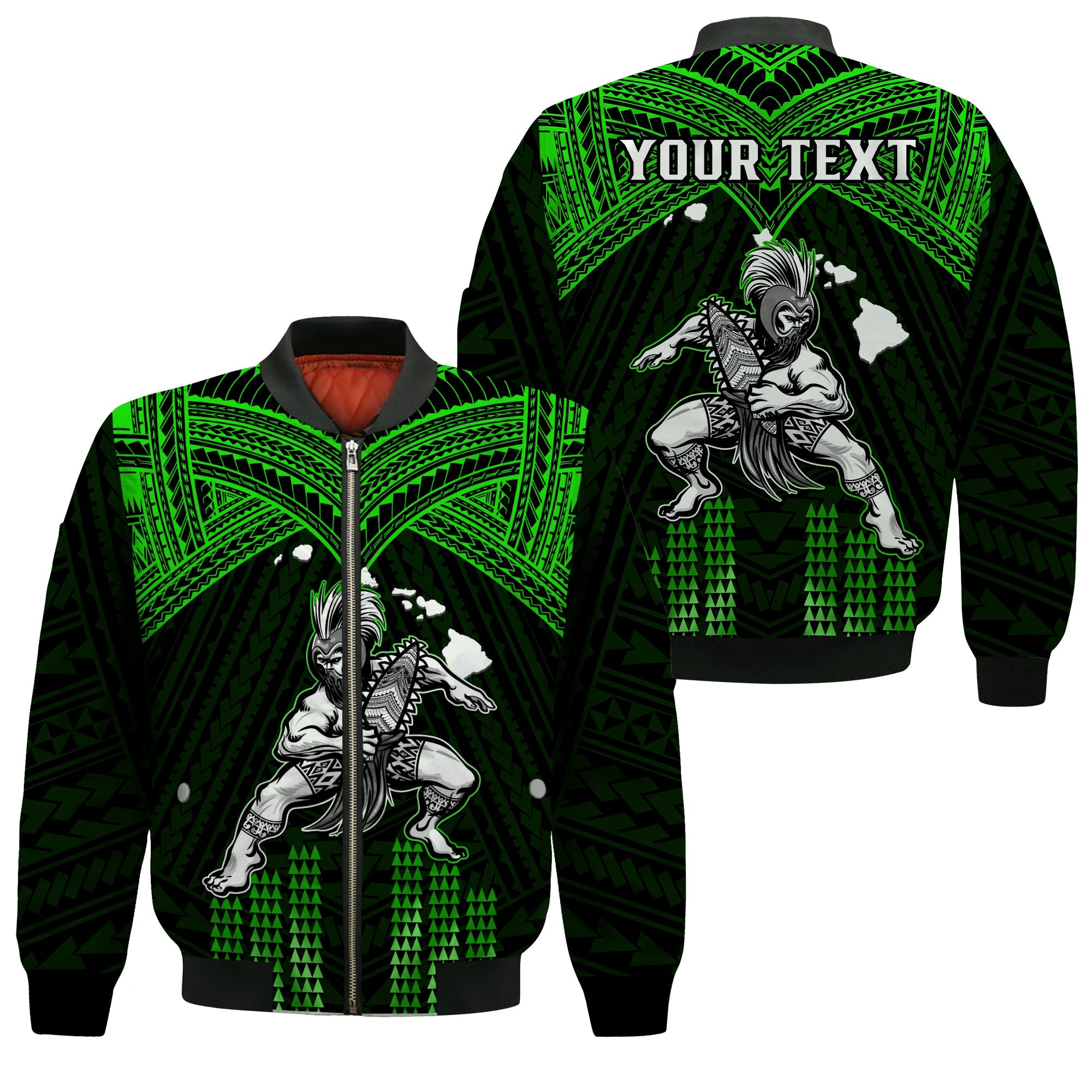 (Custom Personalised) Hawaii Bomber Jacket Hawaiian Warrior With Weapon Polynesian Ver.03 LT14 Unisex Green - Polynesian Pride