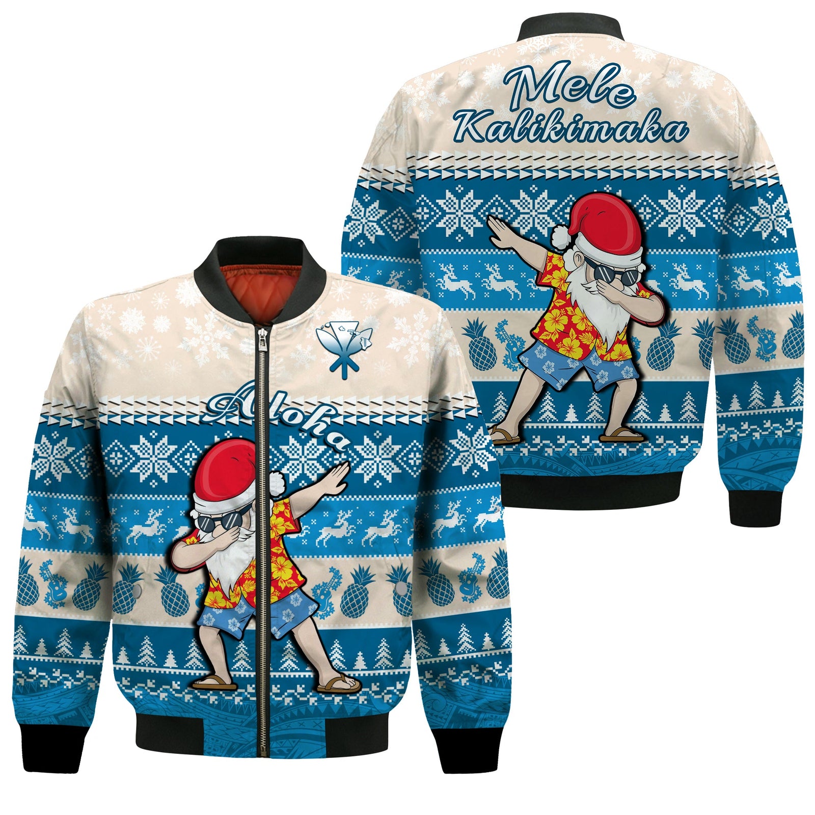 Hawaii Mele Kalikimaka Bomber Jacket Dabbing Santa Blue Merry Christmas LT14 Unisex Blue - Polynesian Pride