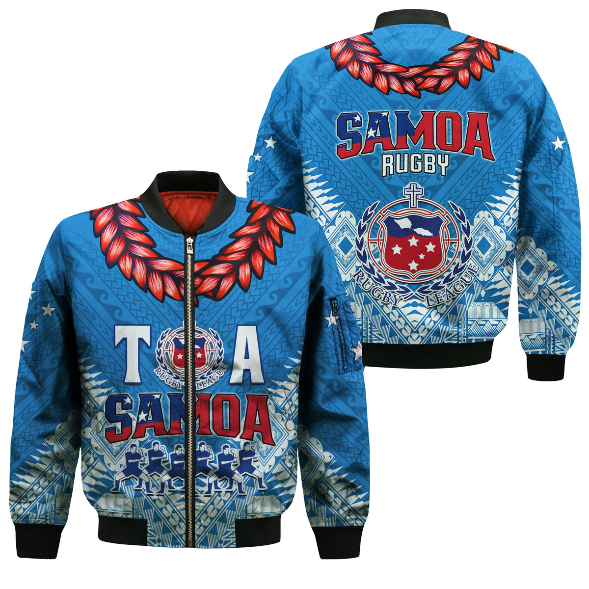 Toa Samoa Rugby Bomber Jacket Manu Siva Tau Style Ulafala LT13 Unisex Blue - Polynesian Pride