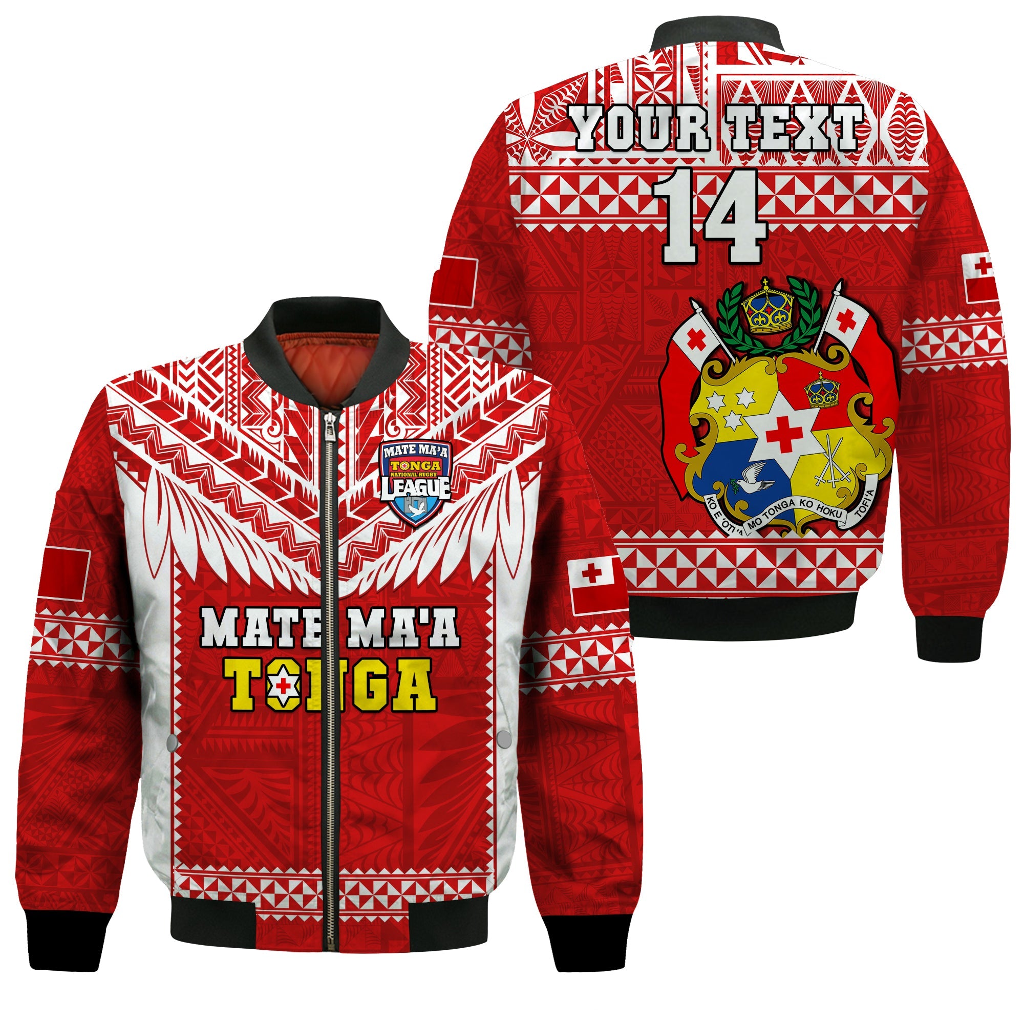 (Custom Text And Number) Tonga Rugby Bomber Jacket Mate Maa Tonga Pacific Ngatu White LT14 Unisex Red - Polynesian Pride