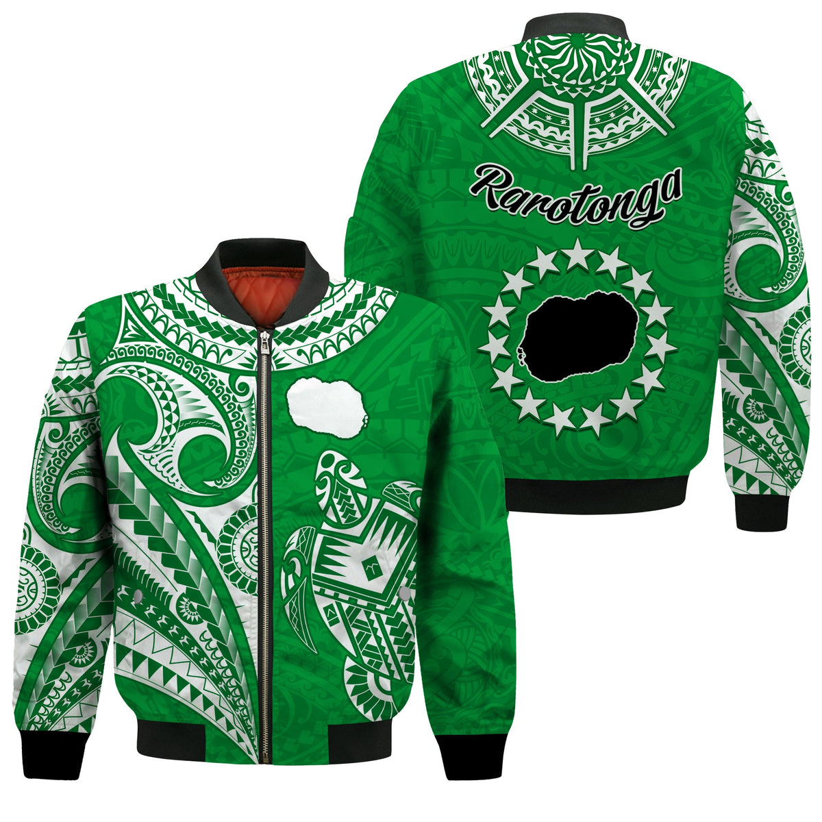 Rarotonga Cook Islands Bomber Jacket Turtle and Map Style Green LT13 Unisex Green - Polynesian Pride