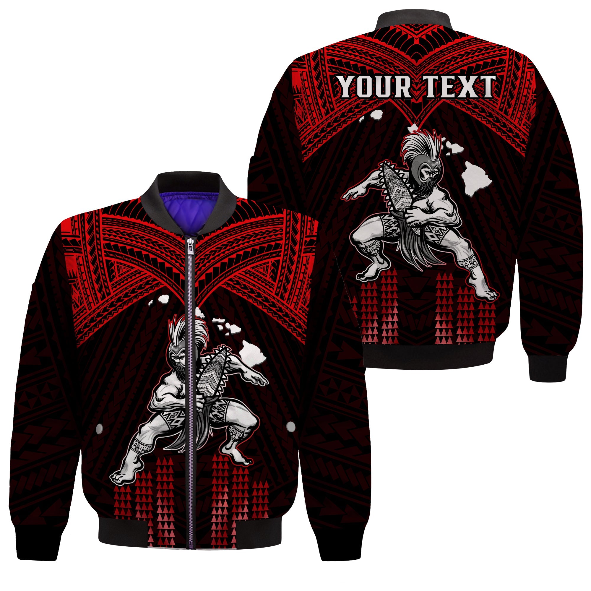 (Custom Personalised) Hawaii Bomber Jacket Hawaiian Warrior With Weapon Polynesian Ver.05 LT14 Unisex Red - Polynesian Pride