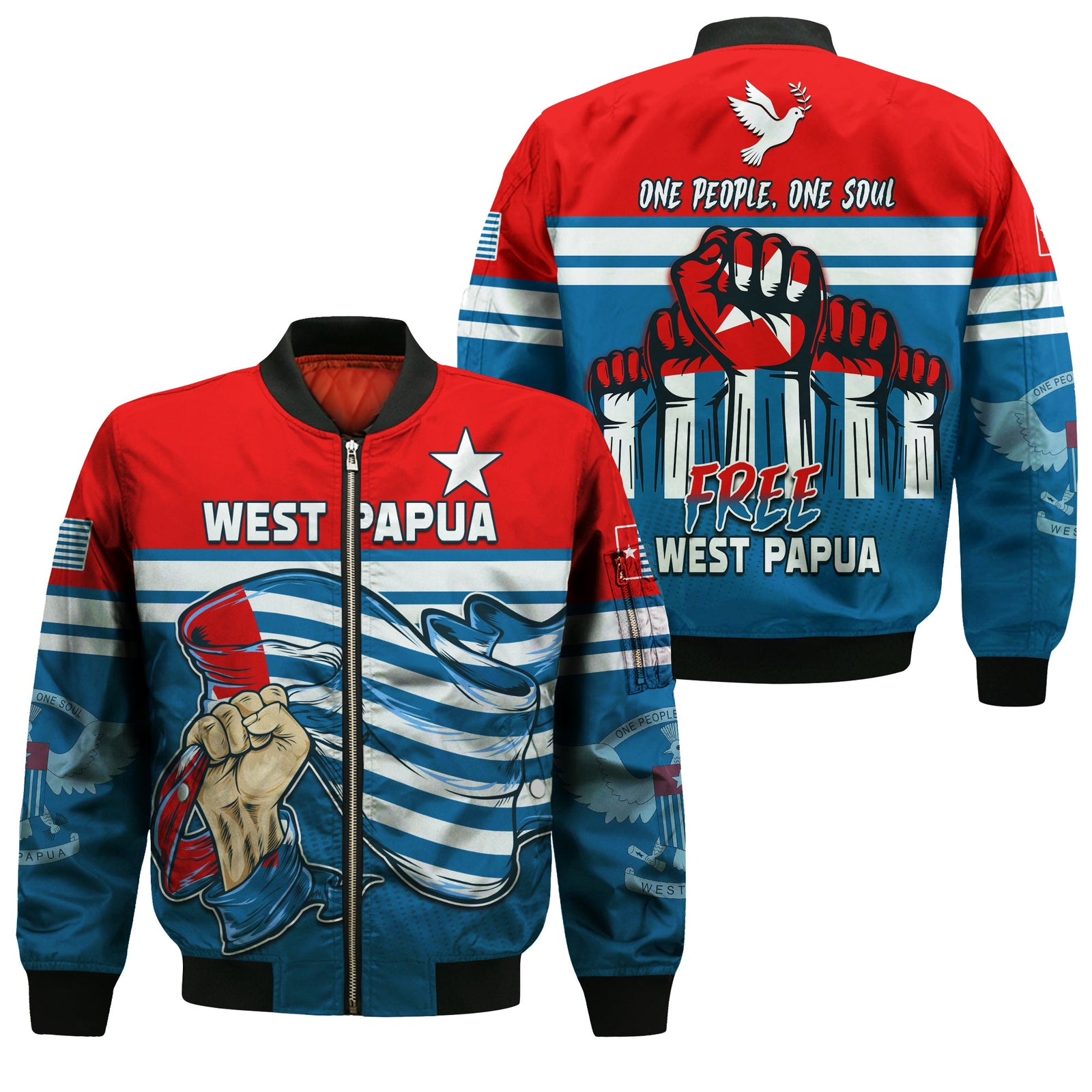 Free West Papua Bomber Jacket One People One Soul Strong West Papuan LT13 Unisex Blue - Polynesian Pride
