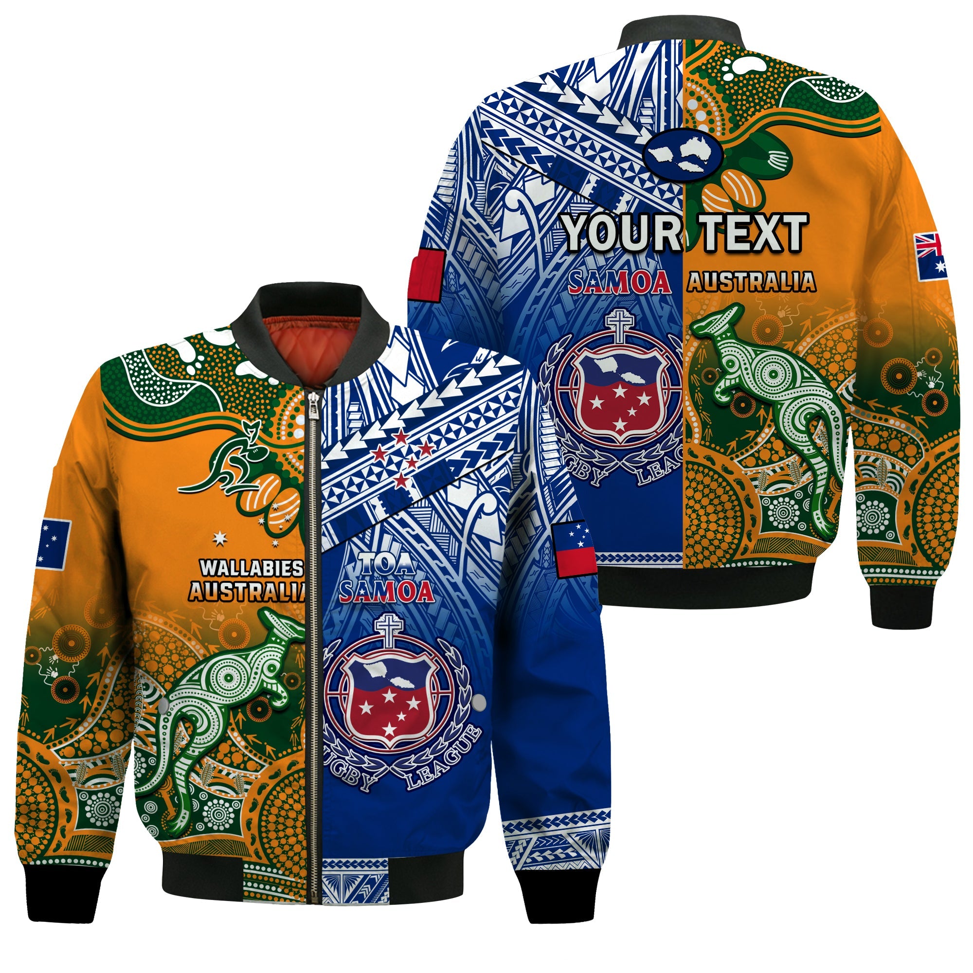 (Custom Personalised) Australia Wallabies And Toa Samoa Rugby Bomber Jacket Aboriginal Mix Polynesian LT14 Unisex Blue - Polynesian Pride