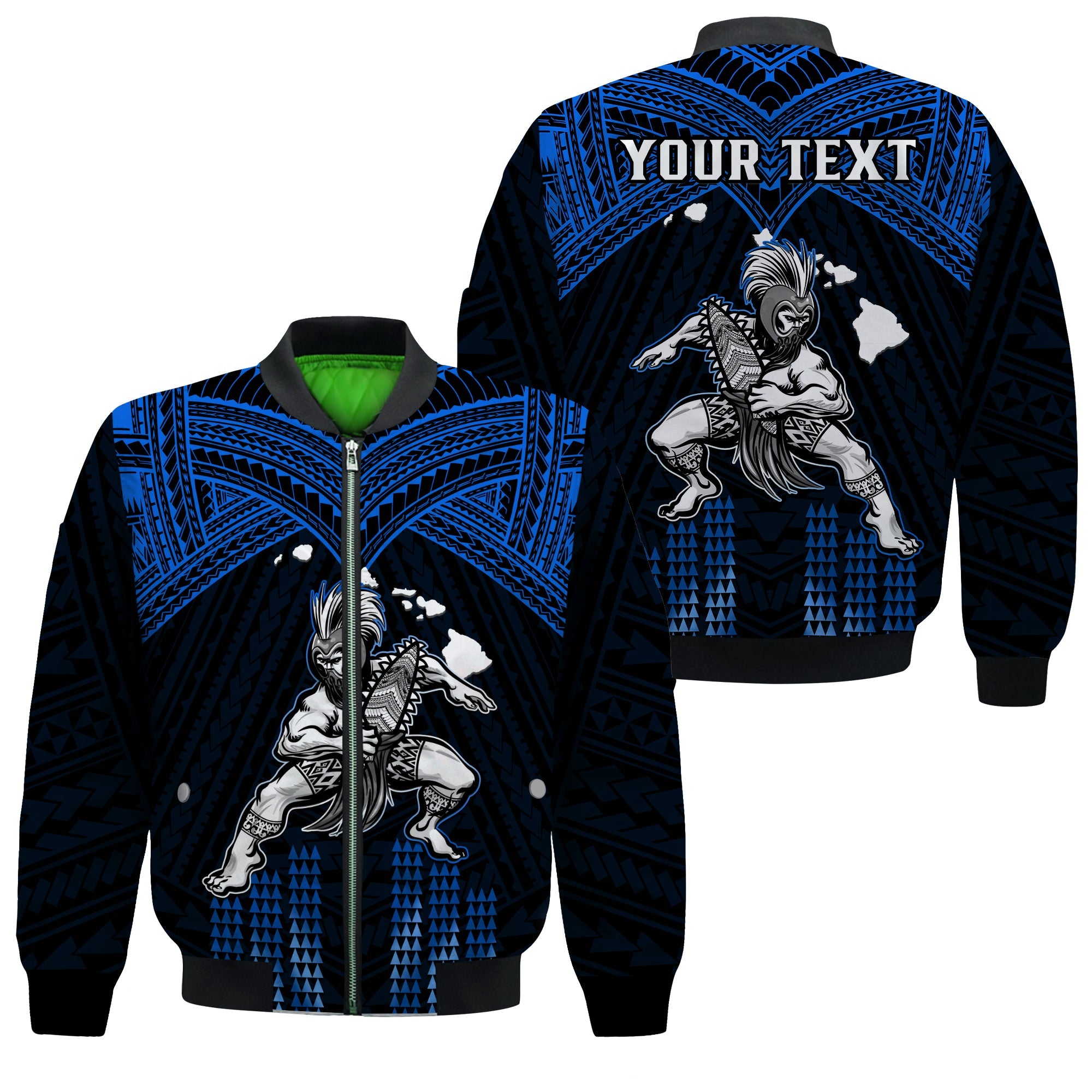 (Custom Personalised) Hawaii Bomber Jacket Hawaiian Warrior With Weapon Polynesian Ver.06 LT14 Unisex Blue - Polynesian Pride