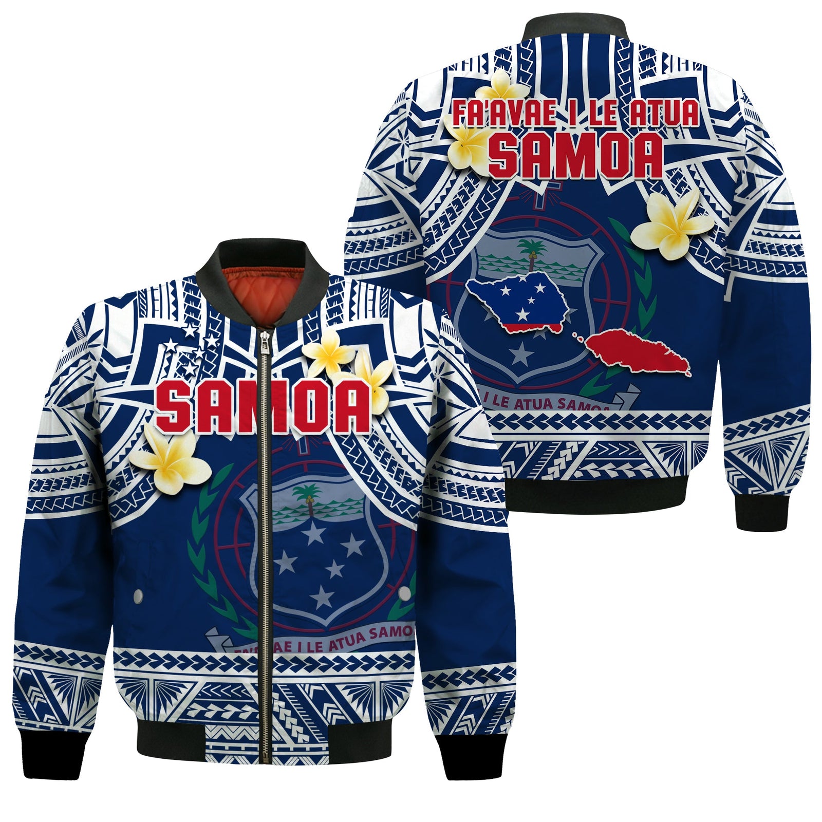 Samoa Bomber Jacket Samoan Plumeria Flowers Mix Polynesian Pattern LT14 Unisex Blue - Polynesian Pride