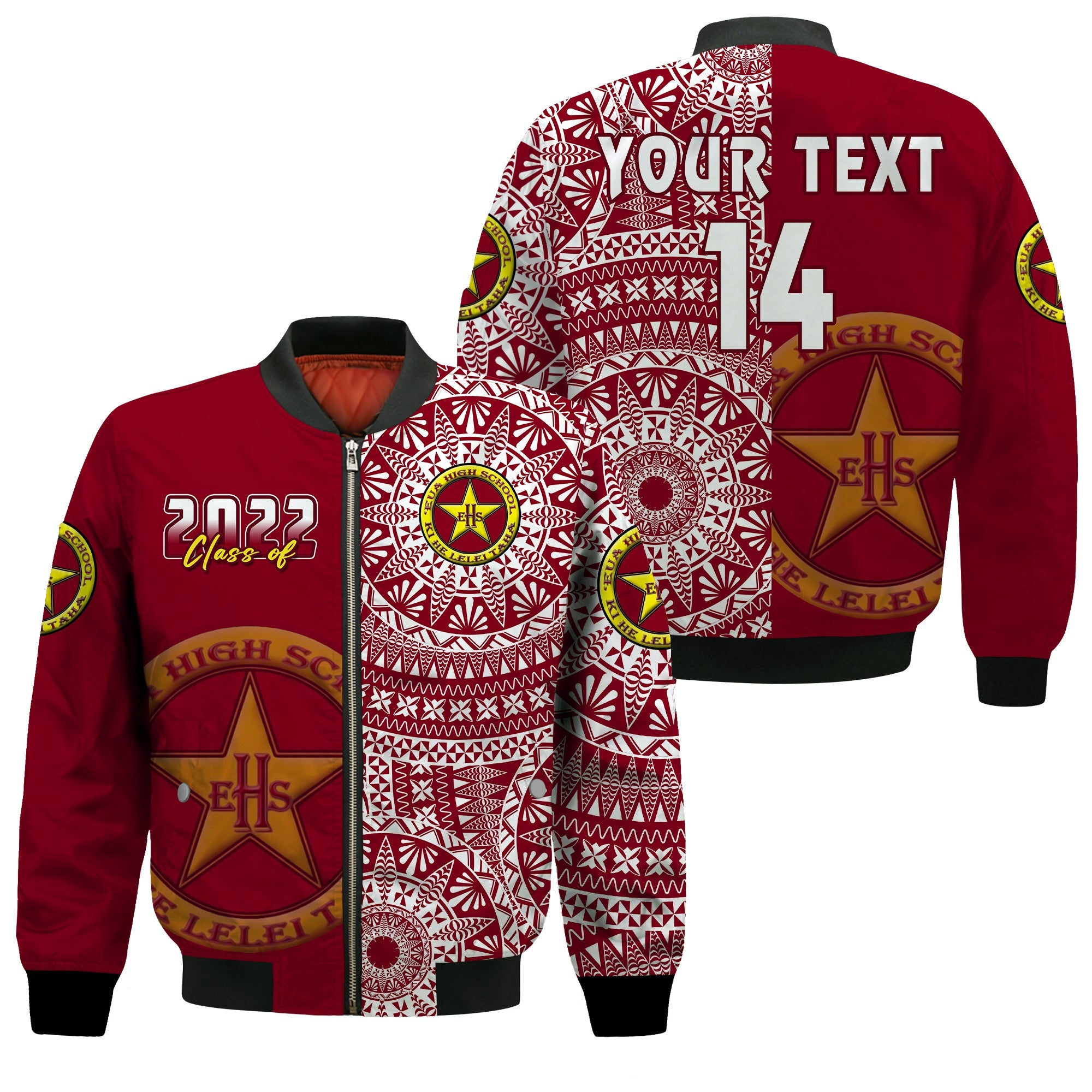 (Custom Text And Number) Tonga Eua High School Bomber Jacket Class Of Year Tongan Ngatu Pattern LT14 Unisex Maroon - Polynesian Pride
