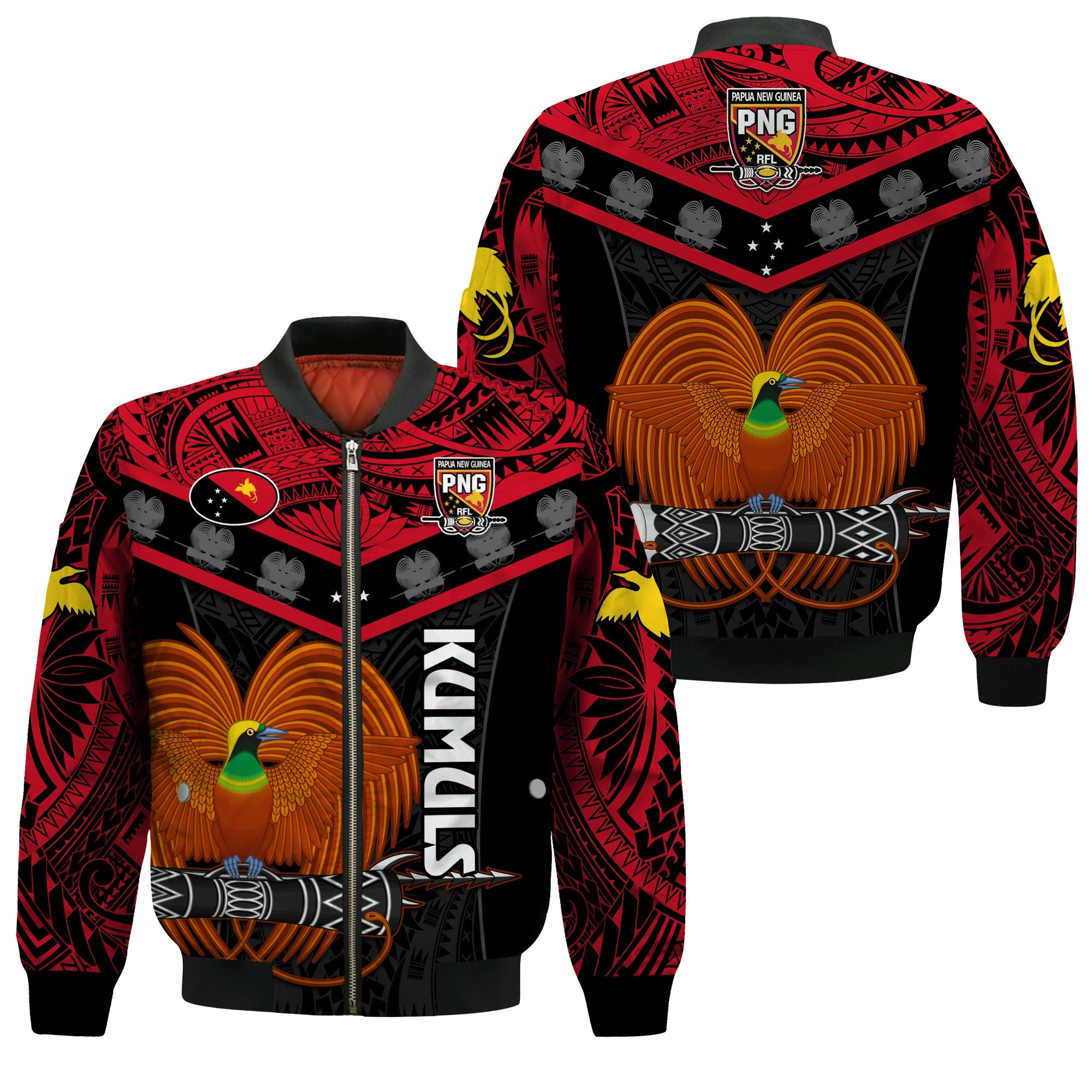 Papua New Guinea Rugby Bomber Jacket PNG Kumuls Bird Of Paradise Black LT14 Unisex Black - Polynesian Pride