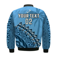 (Custom Text And Number) Fiji Tapa Rugby Bomber Jacket Fijian Cibi Dance Tapa Pattern Blue LT14 - Polynesian Pride
