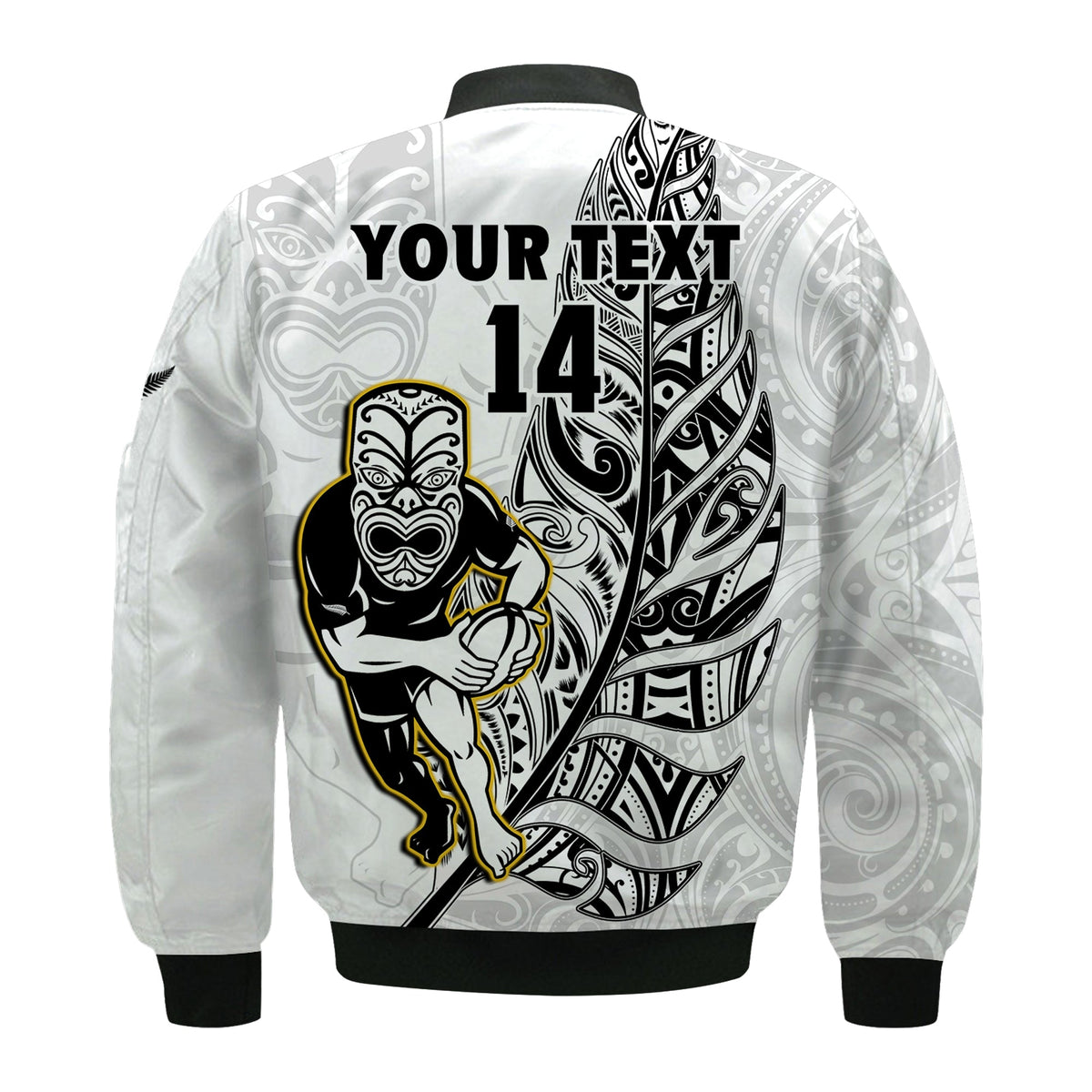 (Custom Text And Number) New Zealand Silver Fern Rugby Bomber Jacket All Black Maori Version White LT14 - Polynesian Pride