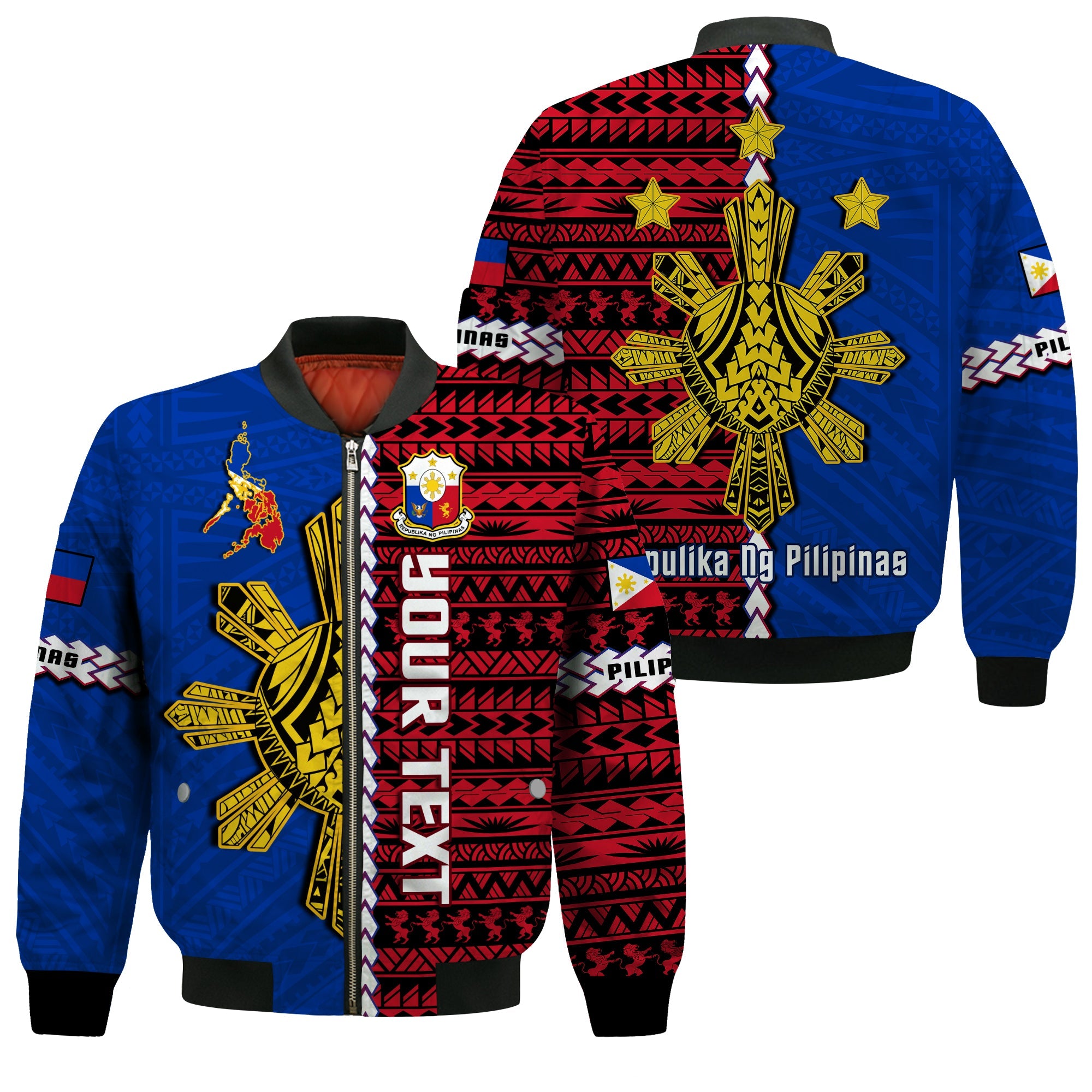 (Custom Personalised) Philippines Bomber Jacket Pilipinas Sun Mix Polynesian Pattern LT14 Unisex Red - Polynesian Pride