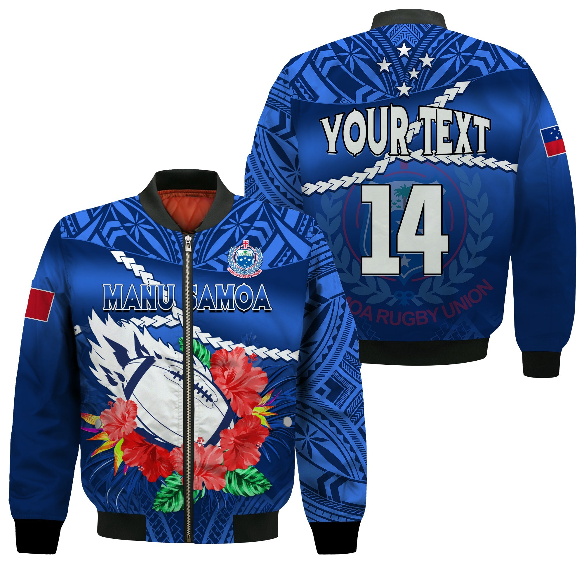 (Custom Text And Number) Samoa Rugby Bomber Jacket Manu Samoa Polynesian Hibiscus Blue Style LT14 Unisex Blue - Polynesian Pride