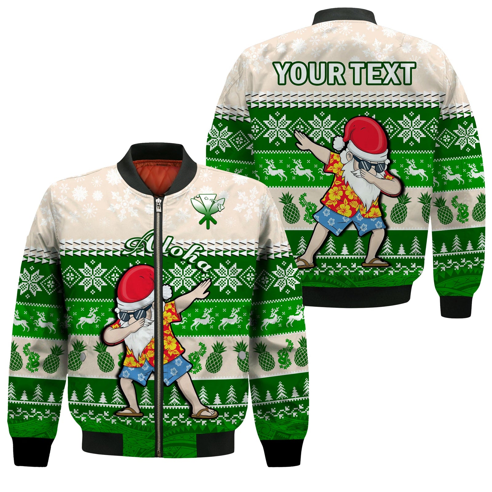 (Custom Personalised) Hawaii Mele Kalikimaka Bomber Jacket Dabbing Santa Green Merry Christmas LT14 Unisex Green - Polynesian Pride
