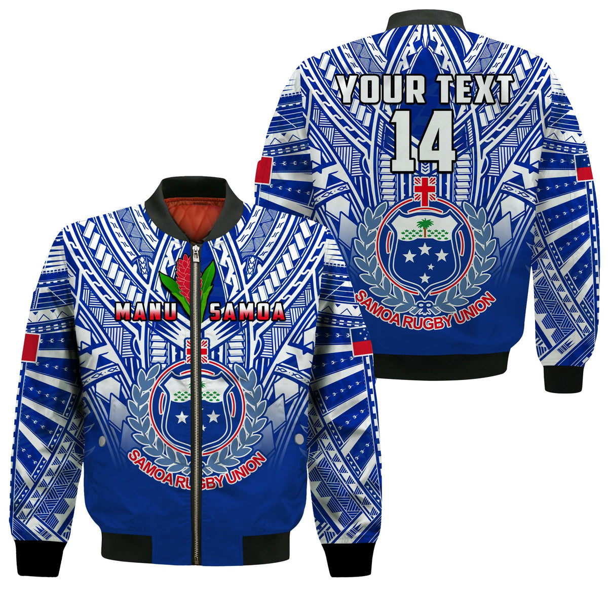 (Custom Text And Number) Samoa Rugby Bomber Jacket Manu Samoa 7s Ginger Blue Polynesian LT14 Unisex Blue - Polynesian Pride