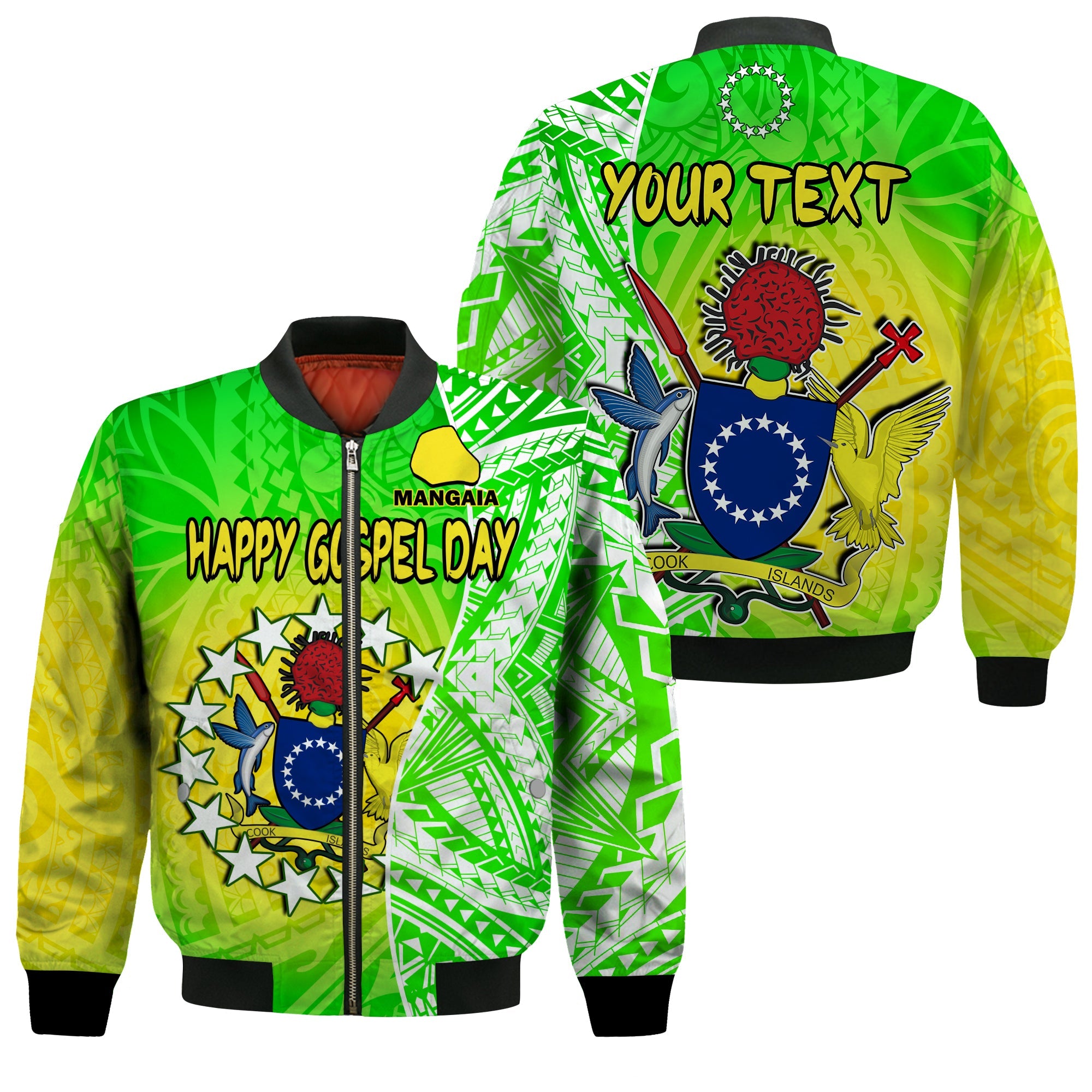 (Custom Personalised) Happy Mangaia Gospel Day Bomber Jacket Cook Islands Coat Of Arms Polynesian Pattern LT14 Unisex Green - Polynesian Pride