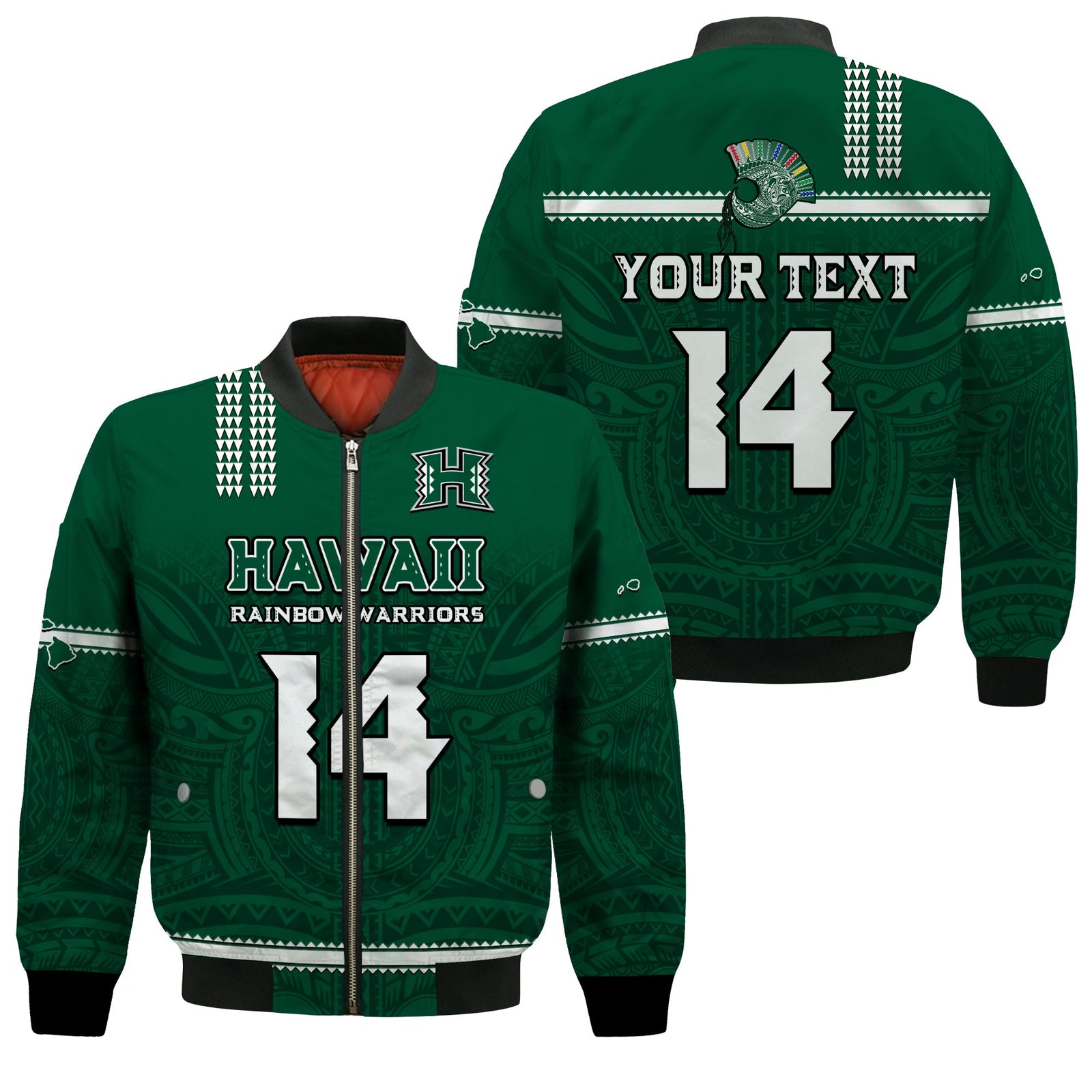 (Custom Text And Number) Hawaii Football Bomber Jacket Kakau Rainbow Warriors Helmet Go Bows LT14 Unisex Green - Polynesian Pride
