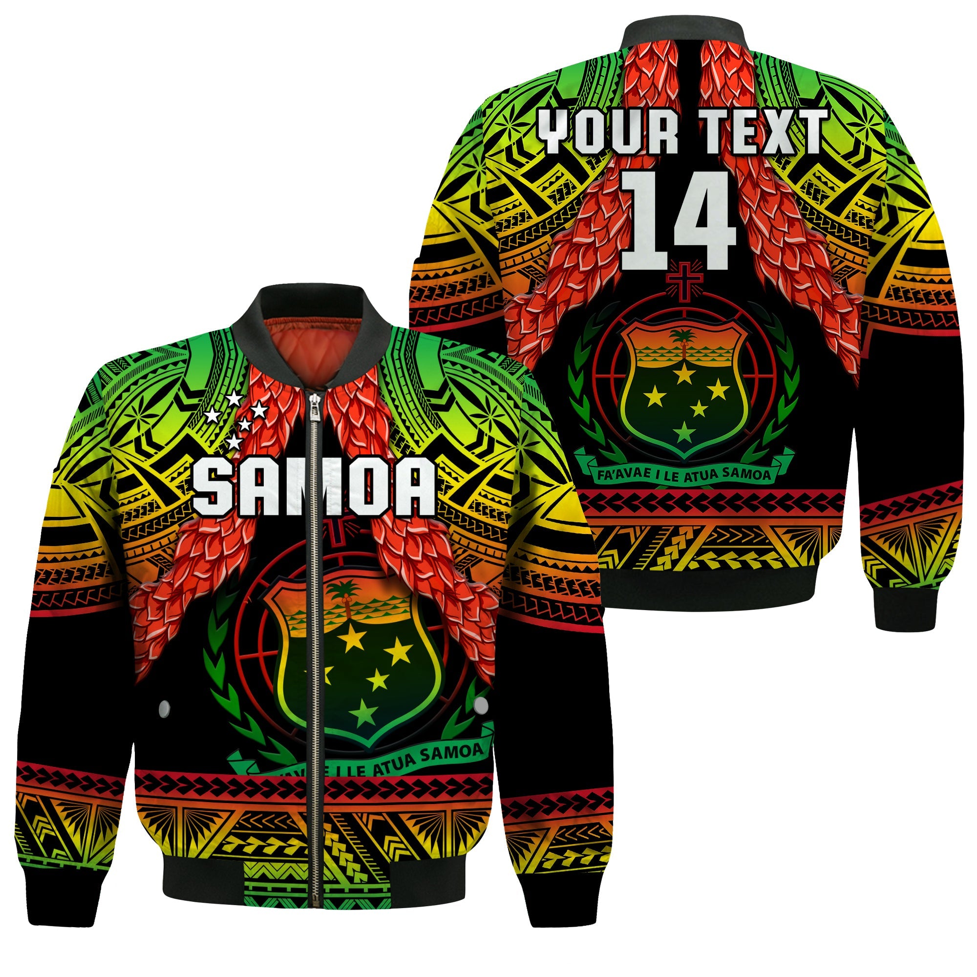 (Custom Text And Number) Samoa Rugby Bomber Jacket Teuila Torch Ginger Gradient Style LT14 Unisex Black - Polynesian Pride