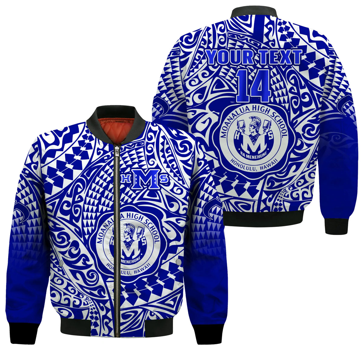 (Custom Text And Number) Hawaii Bomber Jacket Moanalua High School Tribal Kakau LT14 Unisex Blue - Polynesian Pride