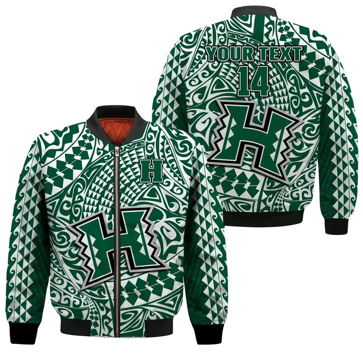 (Custom Text And Number) Hawaii Football Bomber Jacket Rainbow Warriors Tribal Kakau LT14 Unisex Green - Polynesian Pride