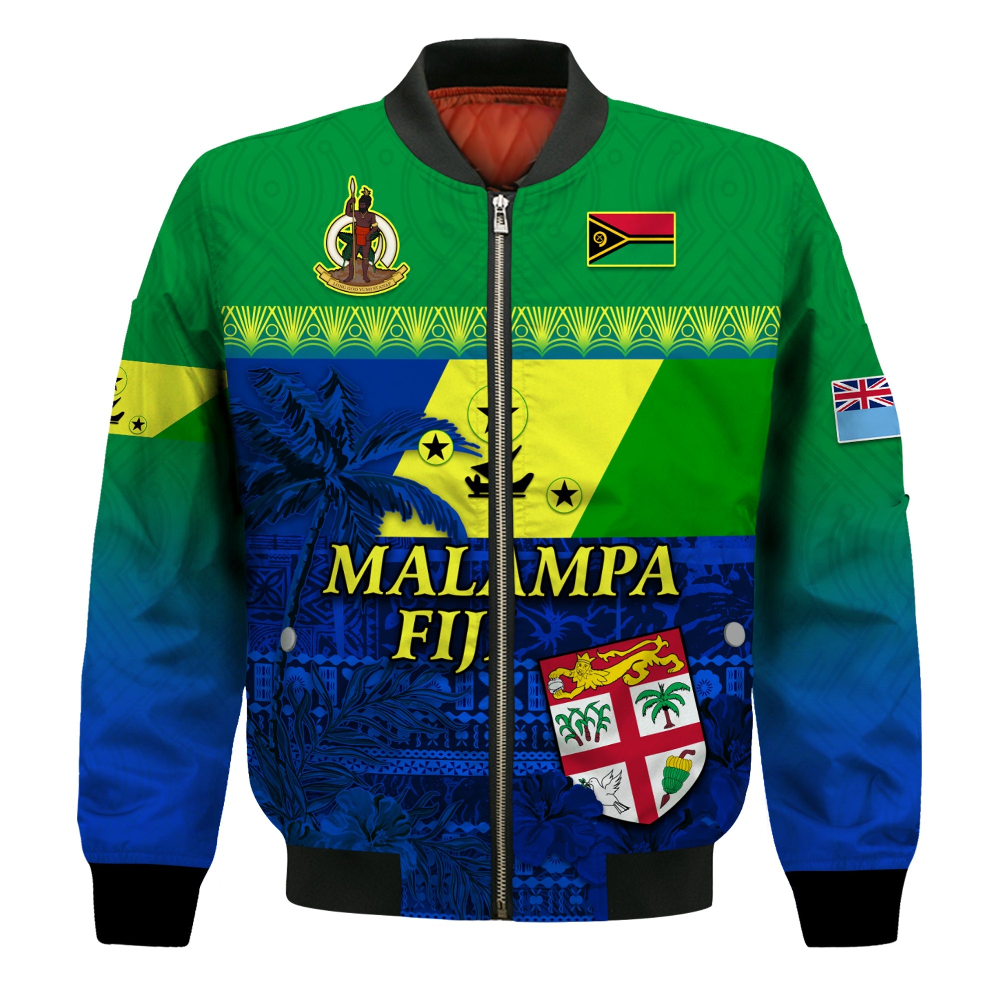 Malampa Fiji Day Bomber Jacket Vanuatu Polynesia mix Flowers LT13 Unisex Green - Polynesian Pride