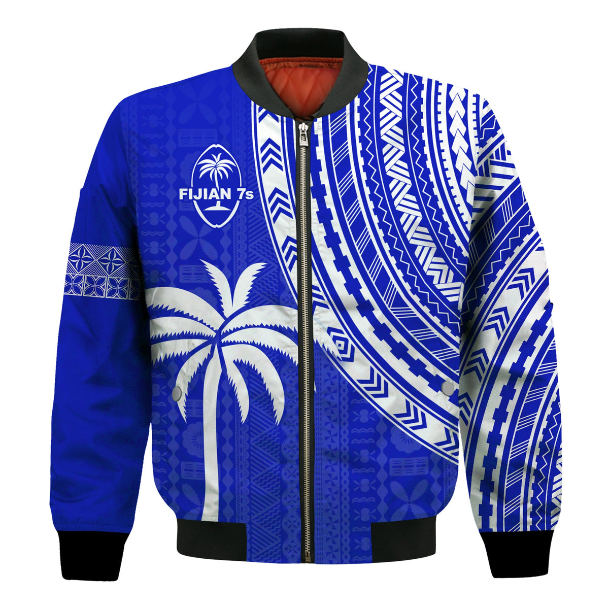 (Custom Text and Number) Fiji Rugby Sevens Bomber Jacket Fijian 7s Tapa Polynesian Blue Ver.02 LT13 - Polynesian Pride