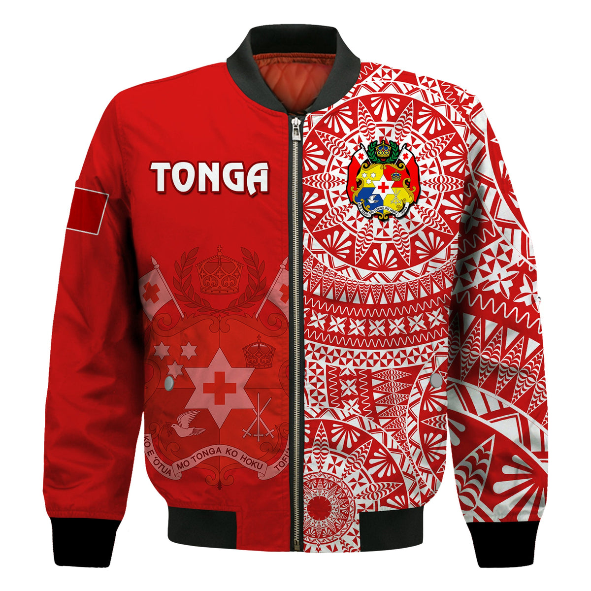 (Custom Text And Number) Tonga Bomber Jacket Tongan Coat Of Arms Ngatu Pattern LT14 - Polynesian Pride