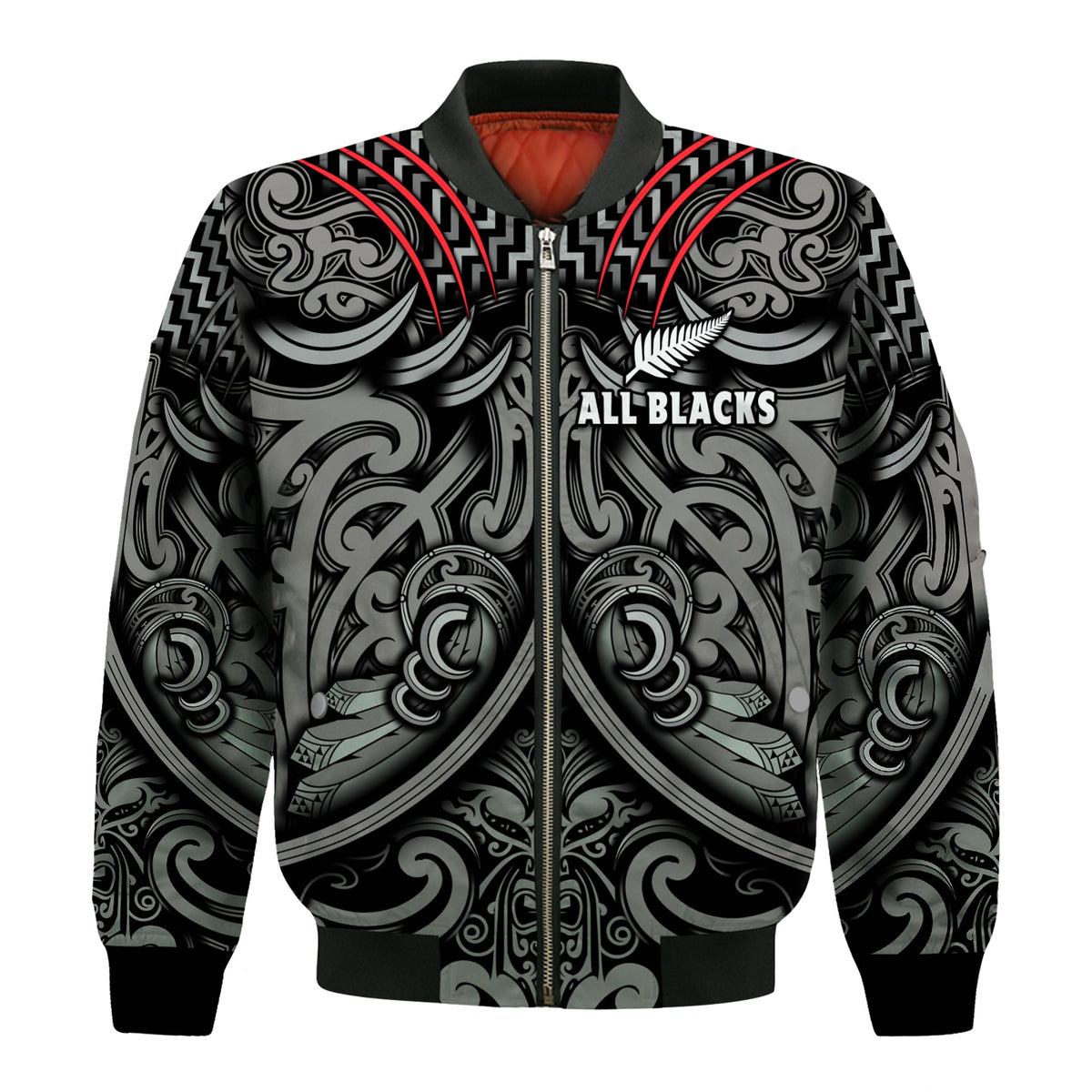 New Zealand Silver Fern Rugby Bomber Jacket All Black NZ Maori Pattern LT13 Unisex Black - Polynesian Pride