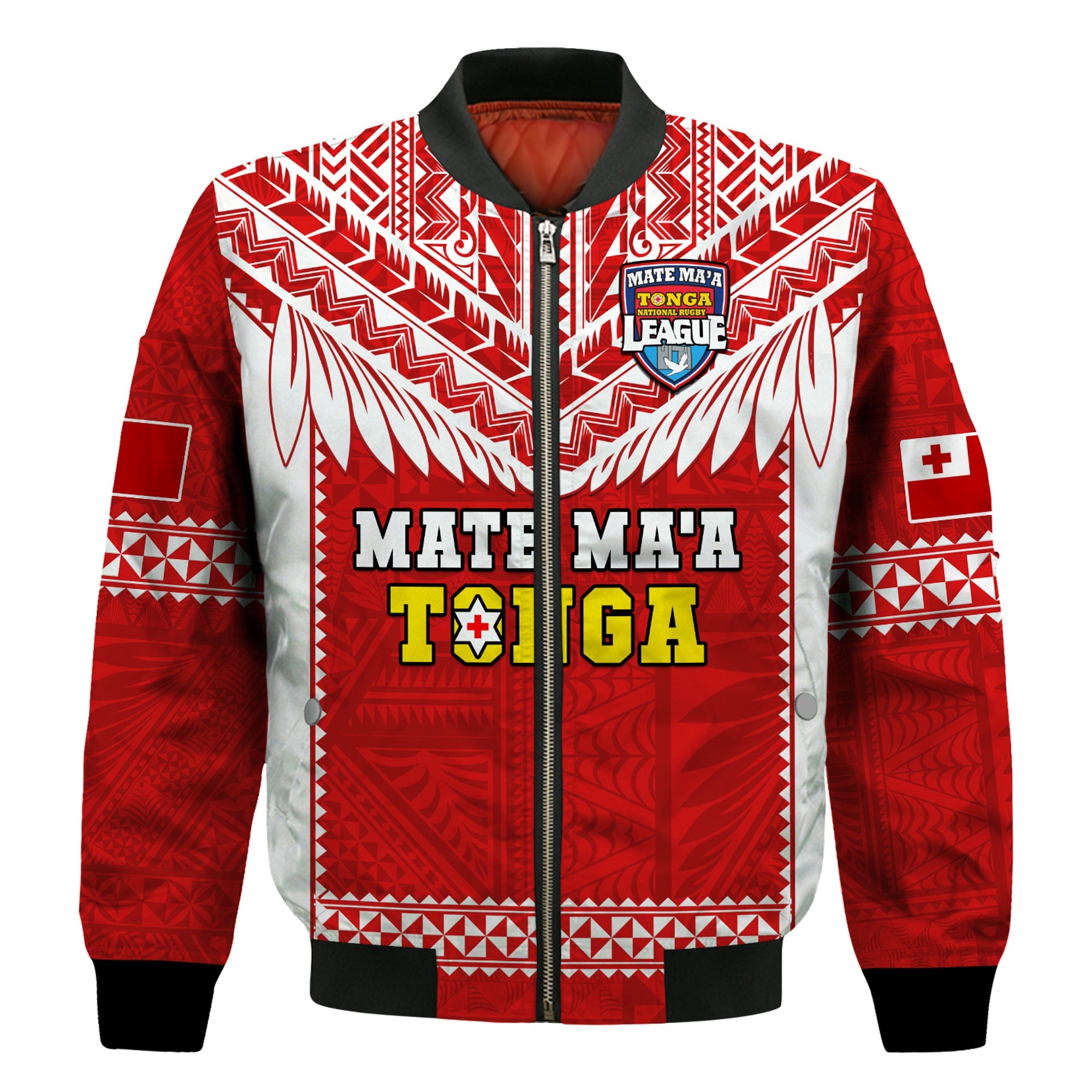Tonga Rugby Bomber Jacket Mate Maa Tonga Pacific Ngatu White LT14 Unisex Red - Polynesian Pride