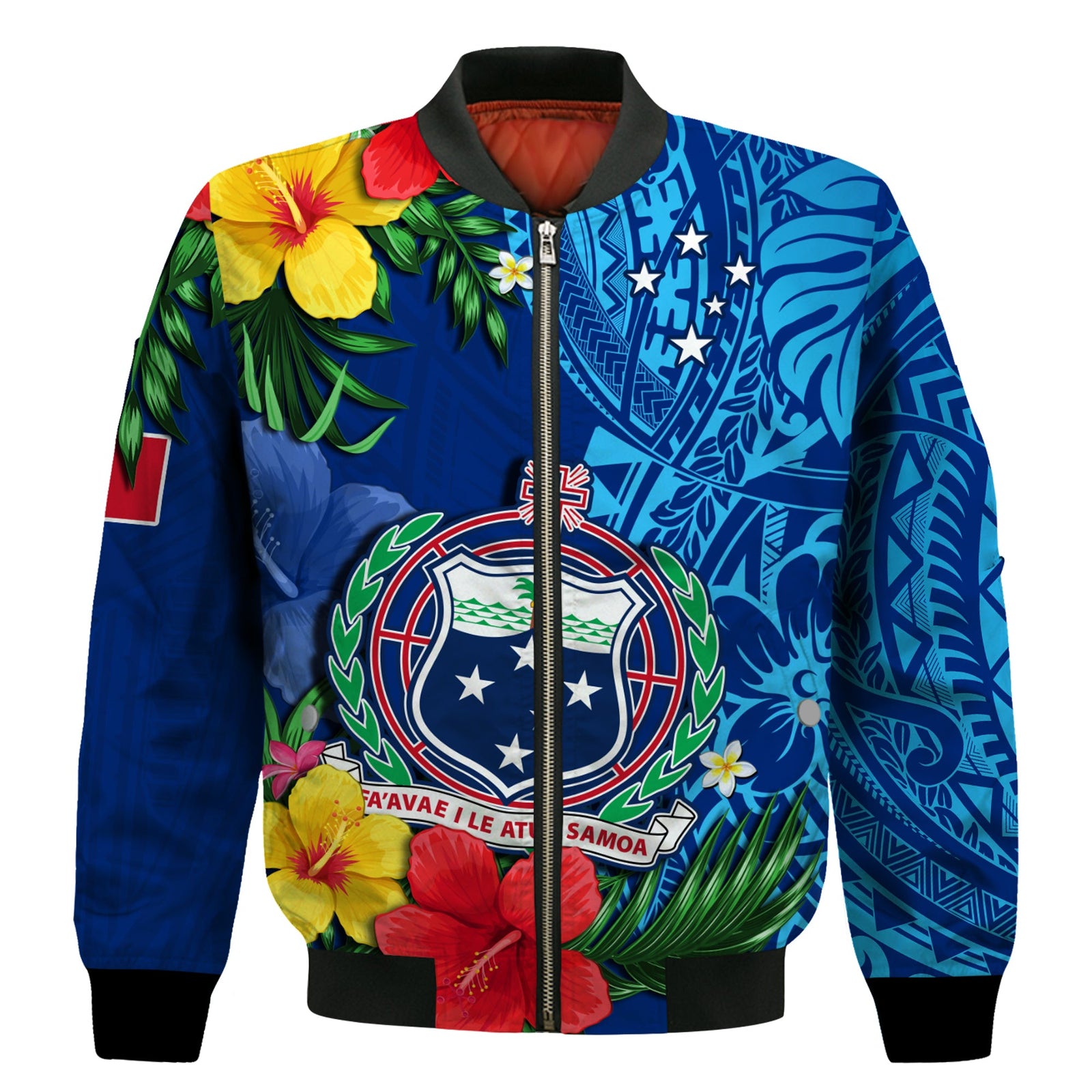 Samoa Bomber Jacket Coat Of Arms Mix Tropical Flowers LT14 Unisex Blue - Polynesian Pride