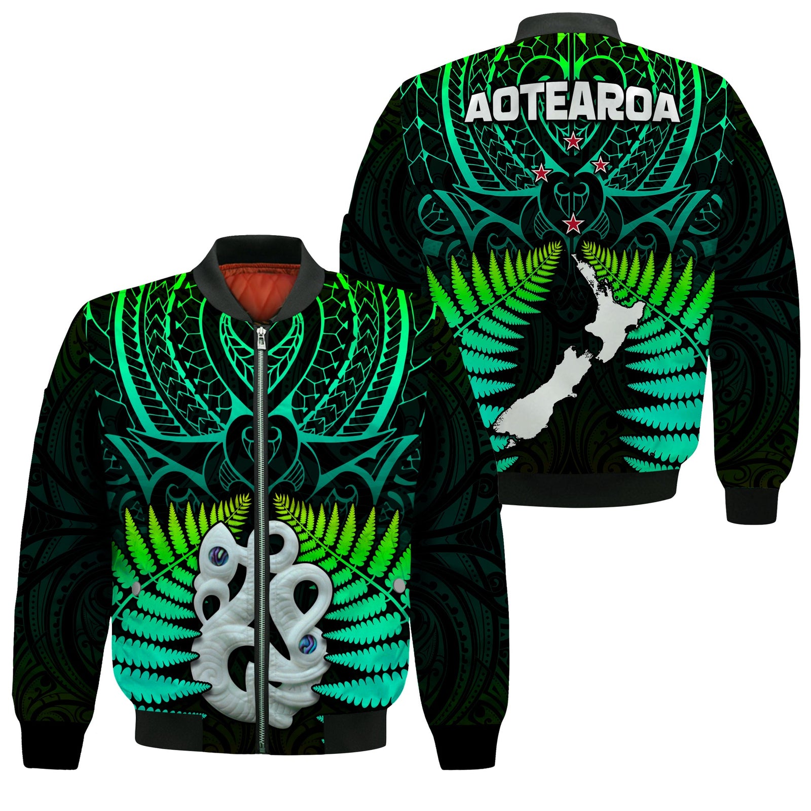 Aotearoa Fern Bomber Jacket New Zealand Hei Tiki Green Style LT13 Unisex Green - Polynesian Pride