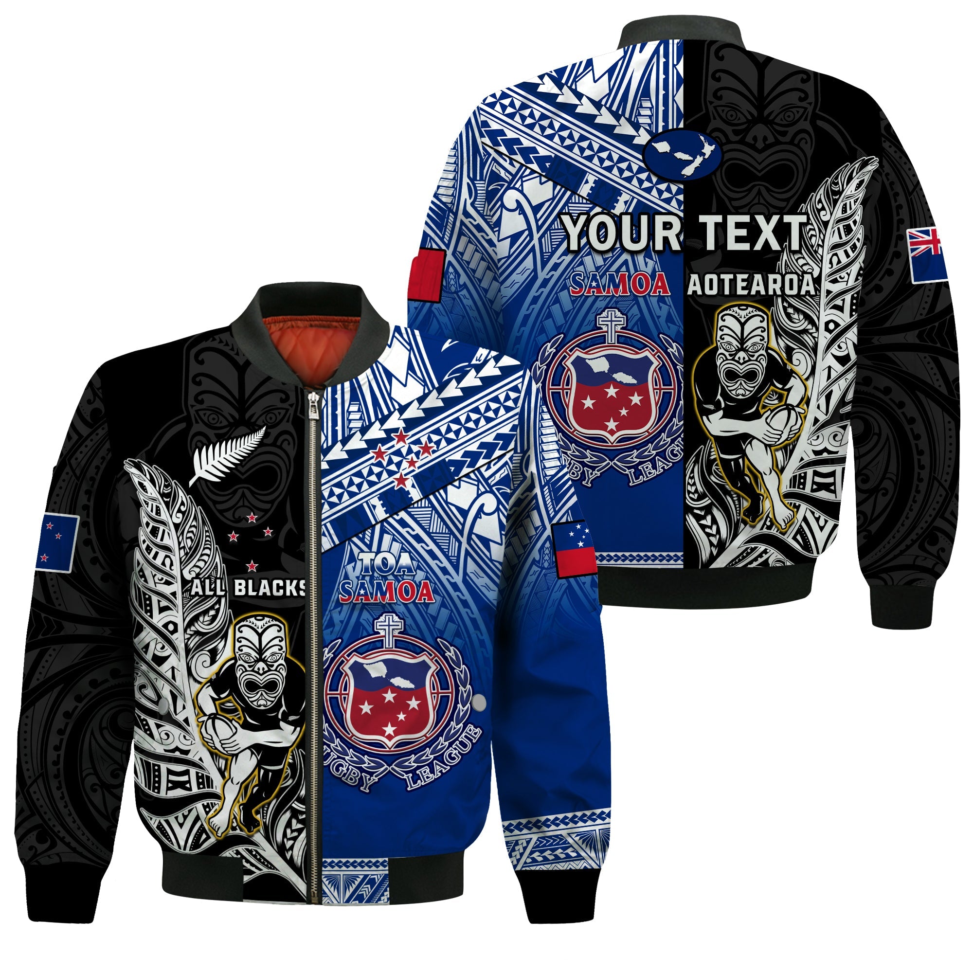 (Custom Personalised) All Black And Toa Samoa Rugby Bomber Jacket NZ Maori Fern Mix Polynesian LT14 Unisex Blue - Polynesian Pride