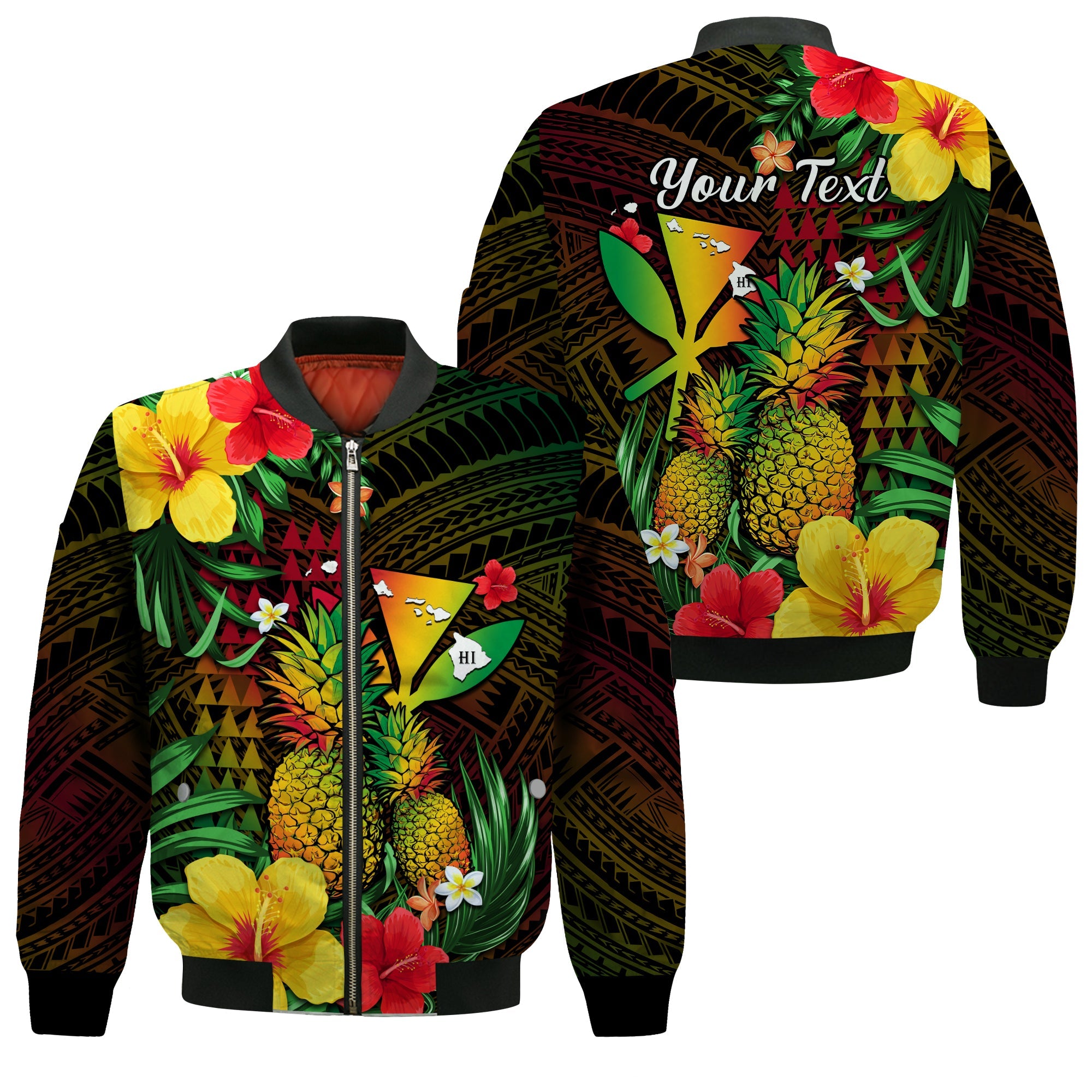 (Custom Personalised) Hawaii Bomber Jacket Pineapple Mix Kakau Reggae Kanaka LT14 Unisex Reggae - Polynesian Pride