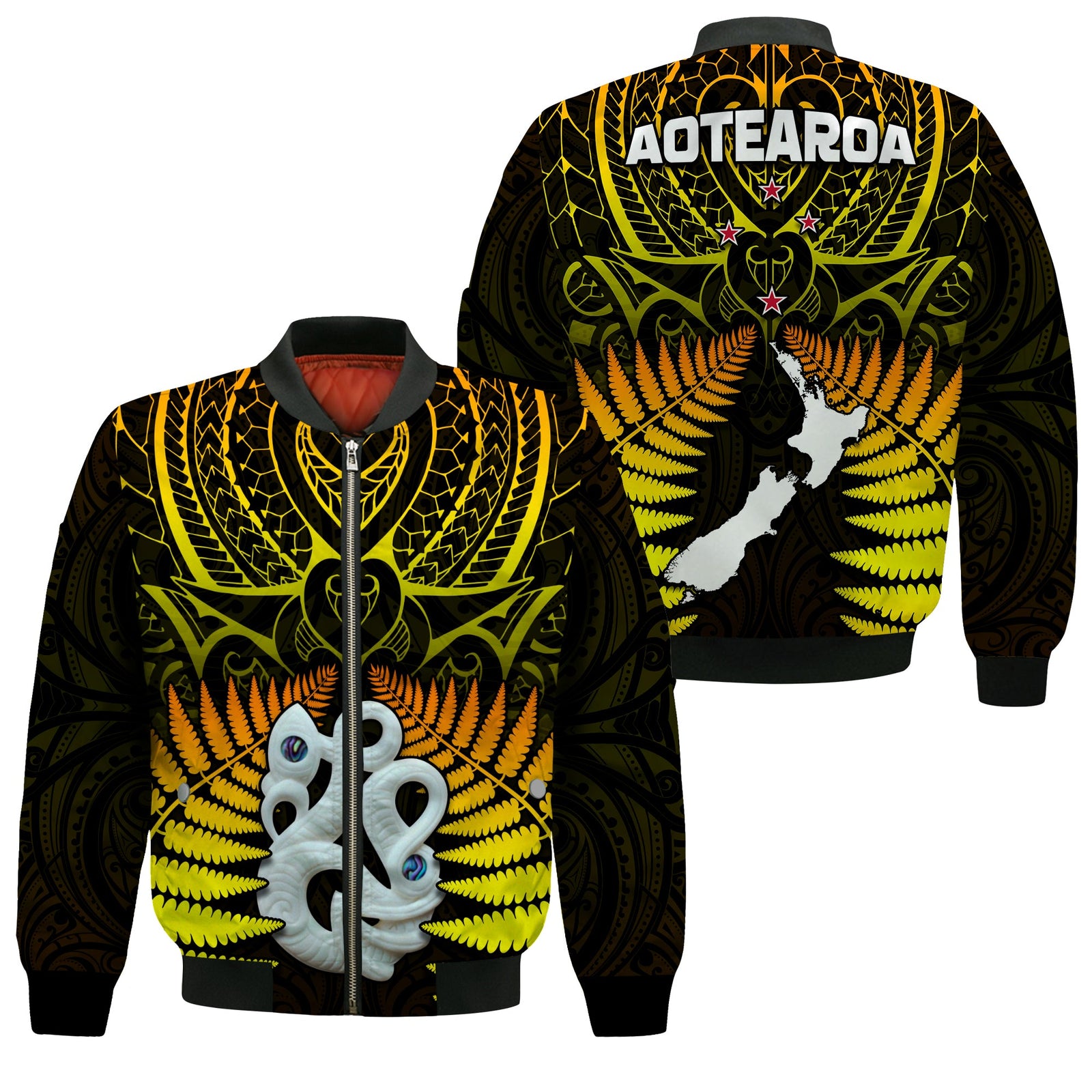 Aotearoa Fern Bomber Jacket New Zealand Hei Tiki Gold Style LT13 Unisex Gold - Polynesian Pride