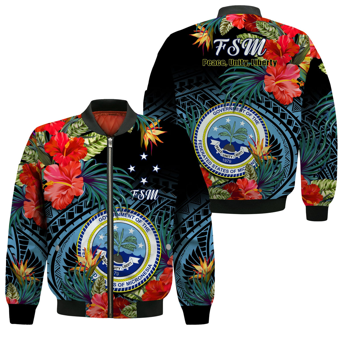 Federated States of Micronesia Bomber Jacket Hibiscus Flowers FSM Seal Polynesian LT14 Unisex Black - Polynesian Pride