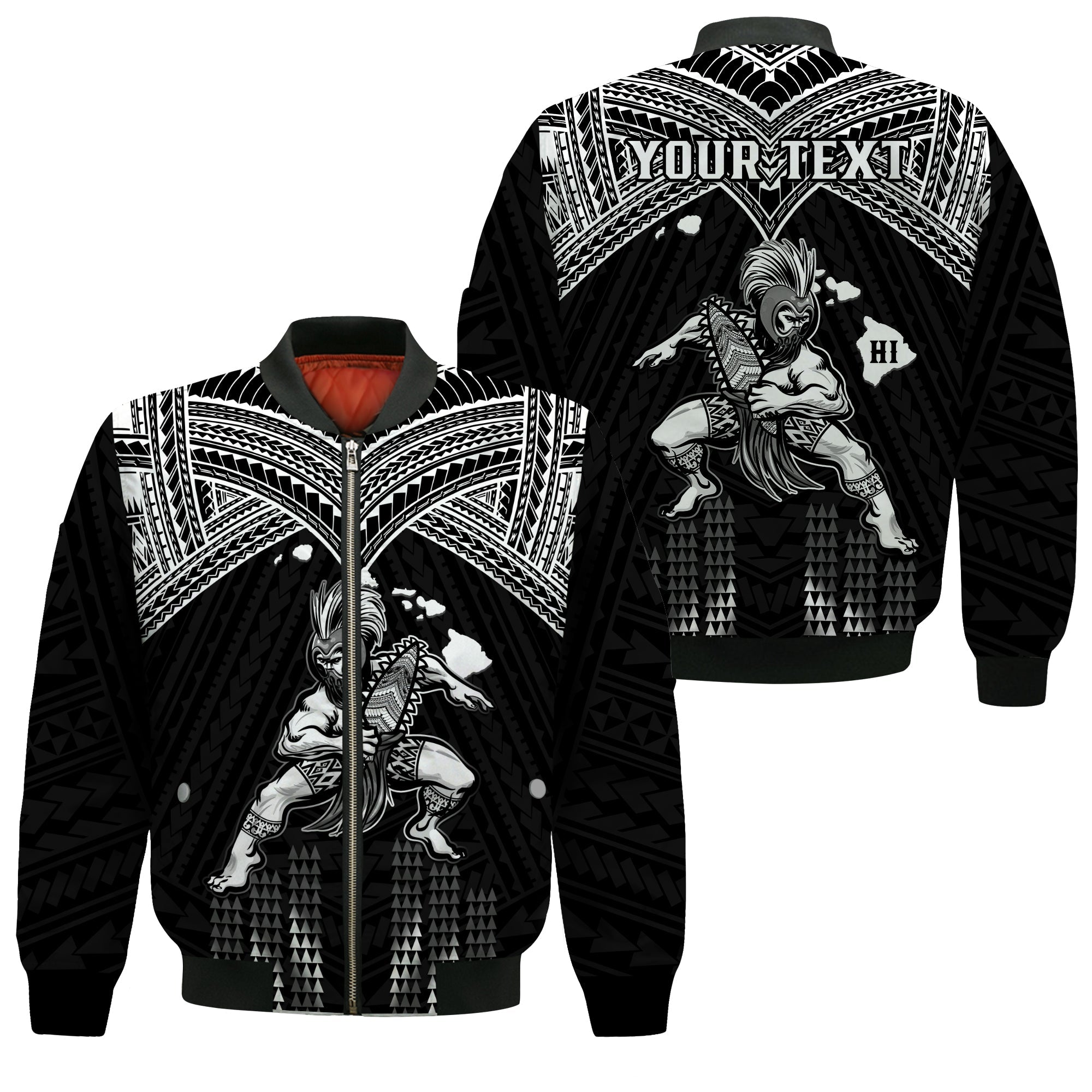 (Custom Personalised) Hawaii Bomber Jacket Hawaiian Warrior With Weapon Polynesian Ver.01 LT14 Unisex Black - Polynesian Pride