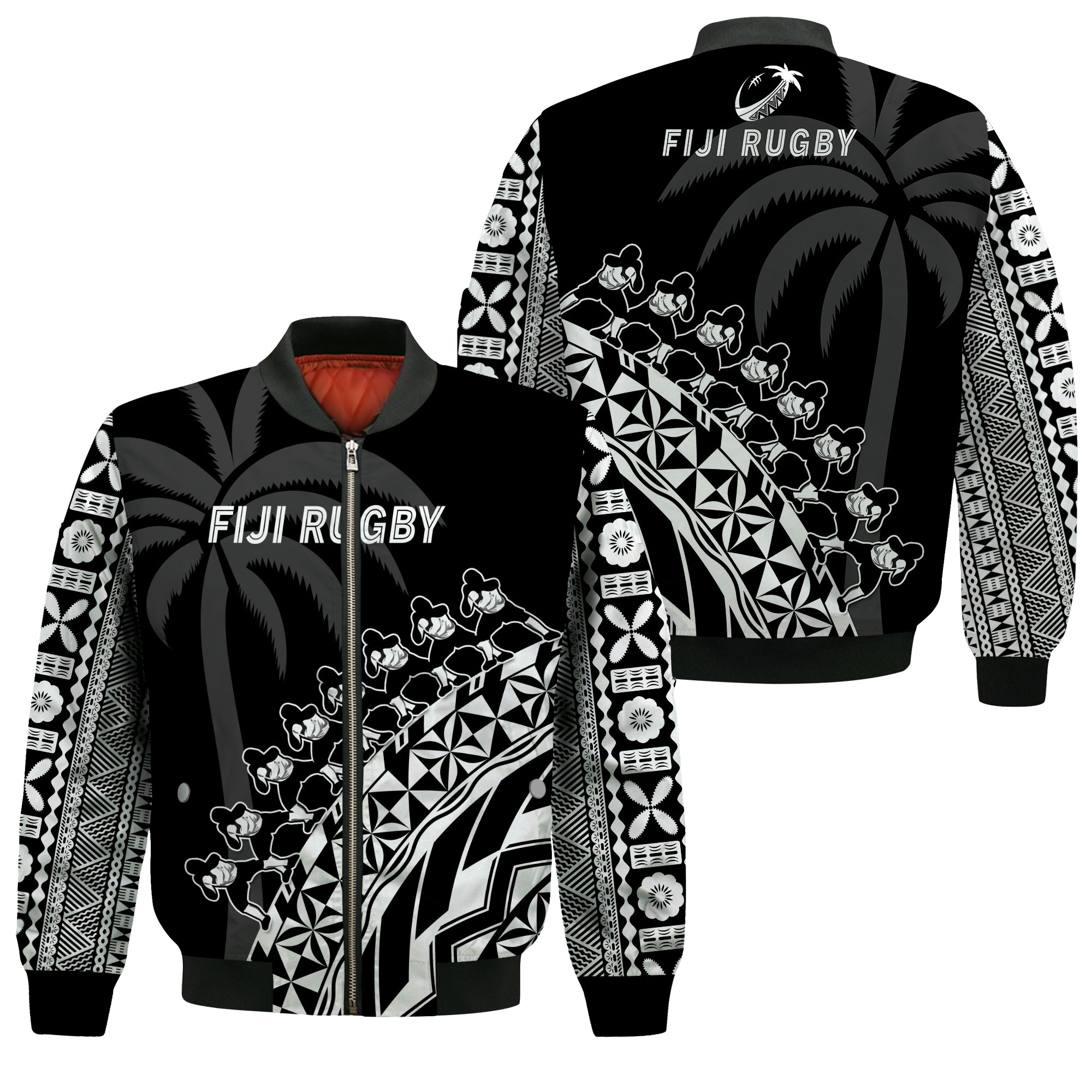 Fiji Rugby Bomber Jacket Fijian Cibi Dance Tapa Pattern Black LT14 Unisex Black - Polynesian Pride