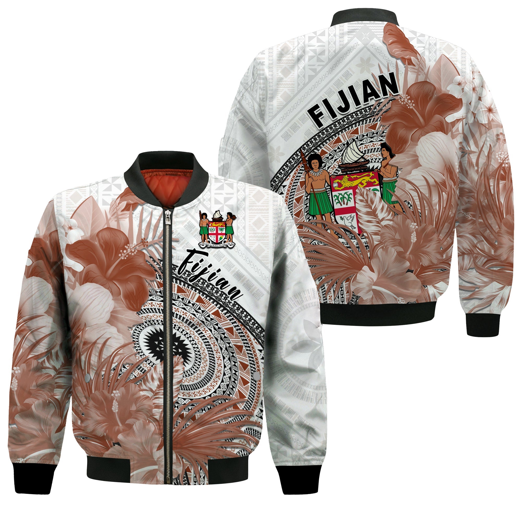 Fiji Tapa Bomber Jacket White Fijian Masi Be Loved Hibiscus LT13 Unisex White - Polynesian Pride