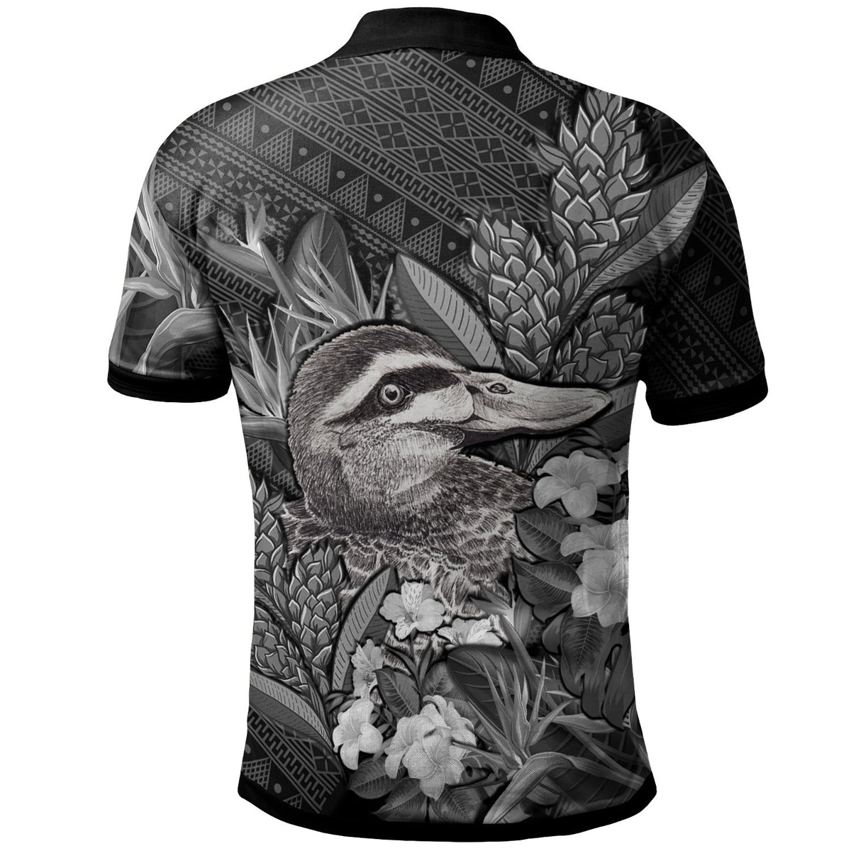 Tonga Polo Shirt Pacific Black Duck With Tropical Flowers - Polynesian Pride