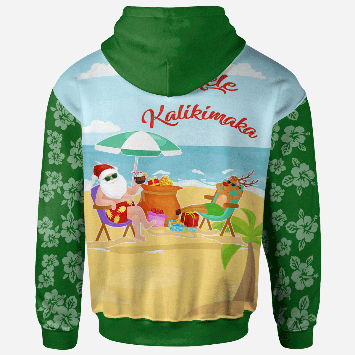 Mele Kalikimaka Zip Hoodie Santa Claus and Reindeer On The Beach Green Color - Polynesian Pride