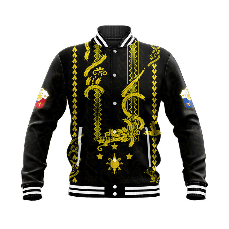 Philippines Baseball Jacket Pechera With Side Barong Patterns LT9 Unisex Black - Polynesian Pride