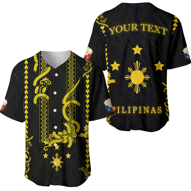 (Custom Personalised) Philippines Baseball Jersey Pechera With Side Barong Patterns LT9 Black - Polynesian Pride