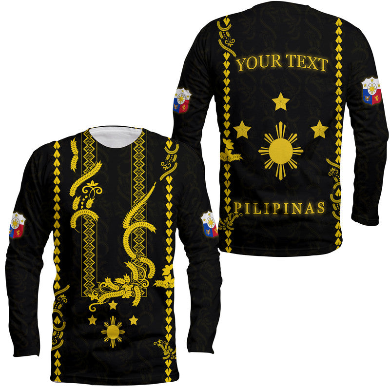 (Custom Personalised) Philippines Long Sleeve Shirt Pechera With Side Barong Patterns LT9 Unisex Black - Polynesian Pride